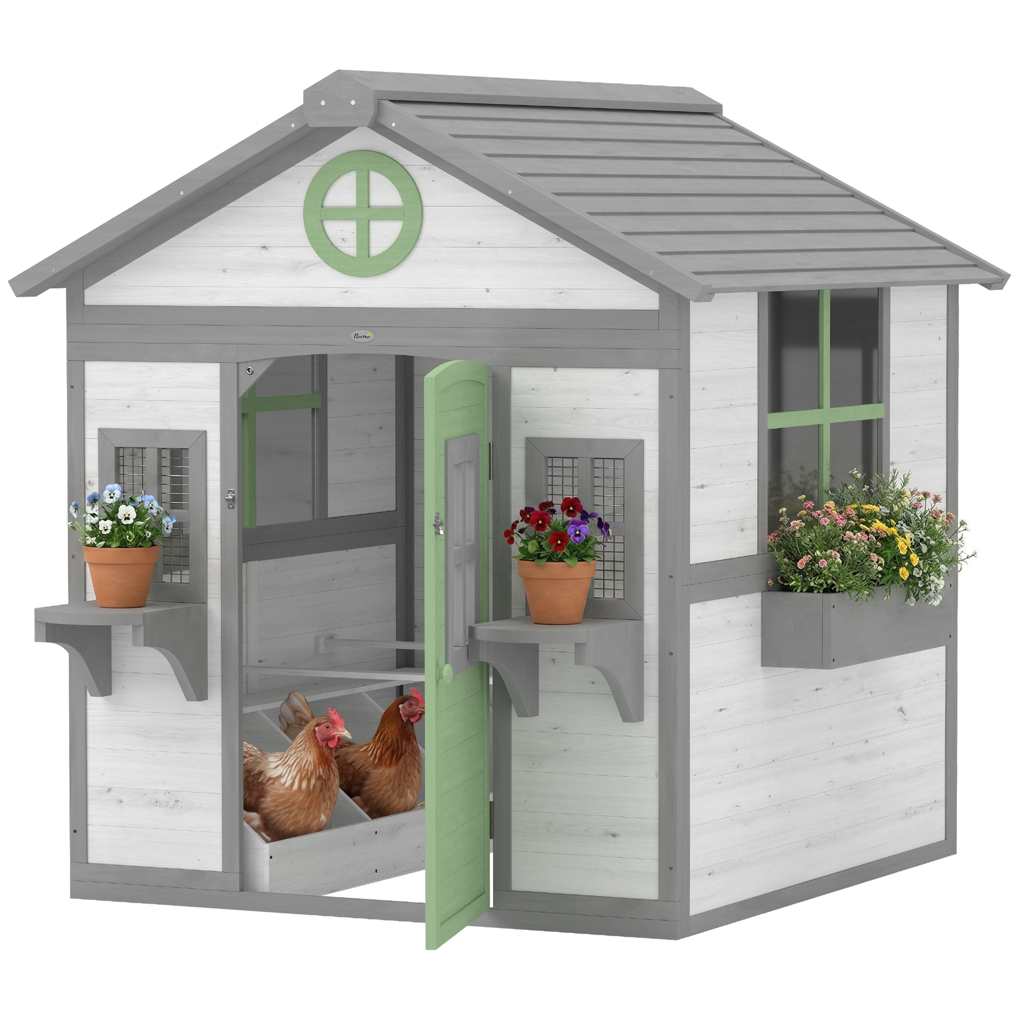 Chicken Coop, Wooden Hen House Outdoor Playhouse for 2-4 Chickens, Poultry Cage with Planter Pots and Boxes