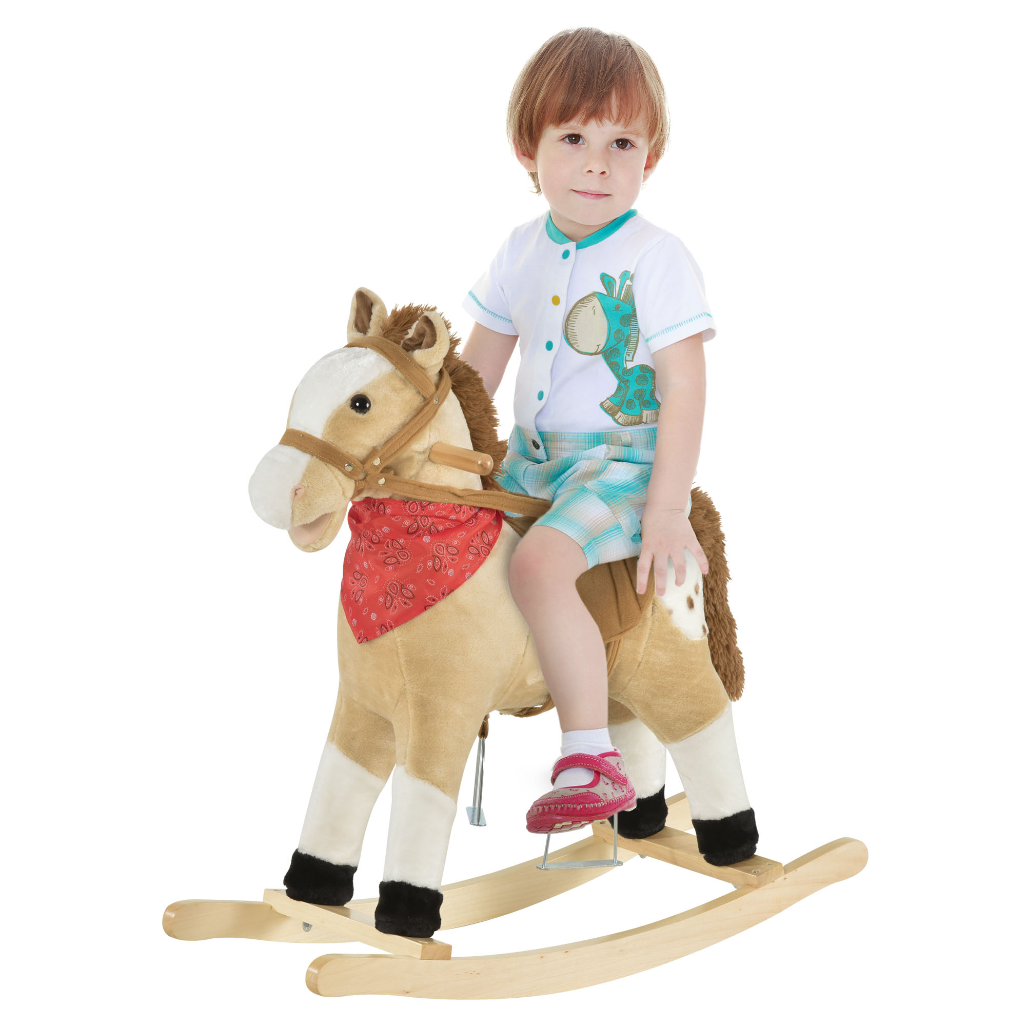 Kids Plush Ride-On Rocking Horse Toy Cowboy Rocker with Fun Realistic Sounds for Child 3-6 Years Old, Beige