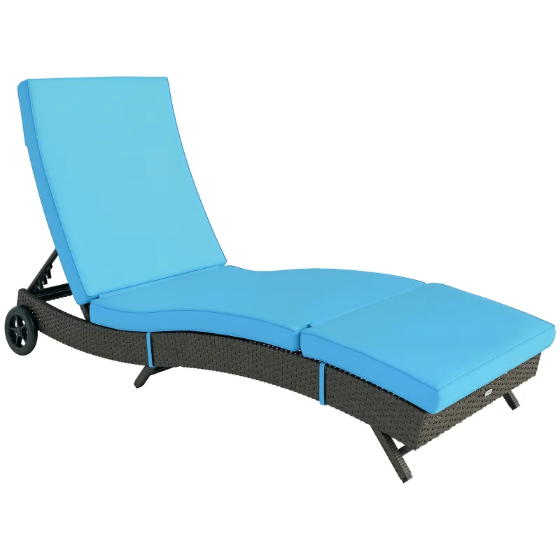 Patio Wicker Chaise Lounge Chair, Outdoor PE Rattan Sun lounger with Adjustable Backrest and 2 Wheels, Sky Blue