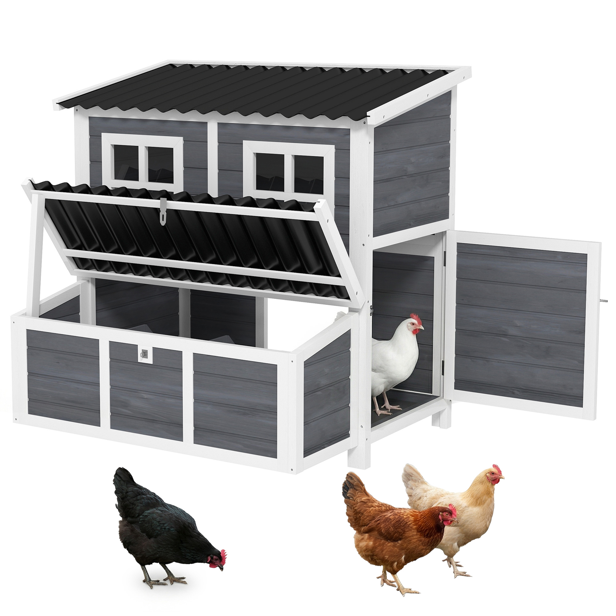 Wooden Chicken Coop with Nesting Box, Pull-Out Tray, Waterproof Roof, 39" Chicken House for 2-4 Chickens, Rabbits