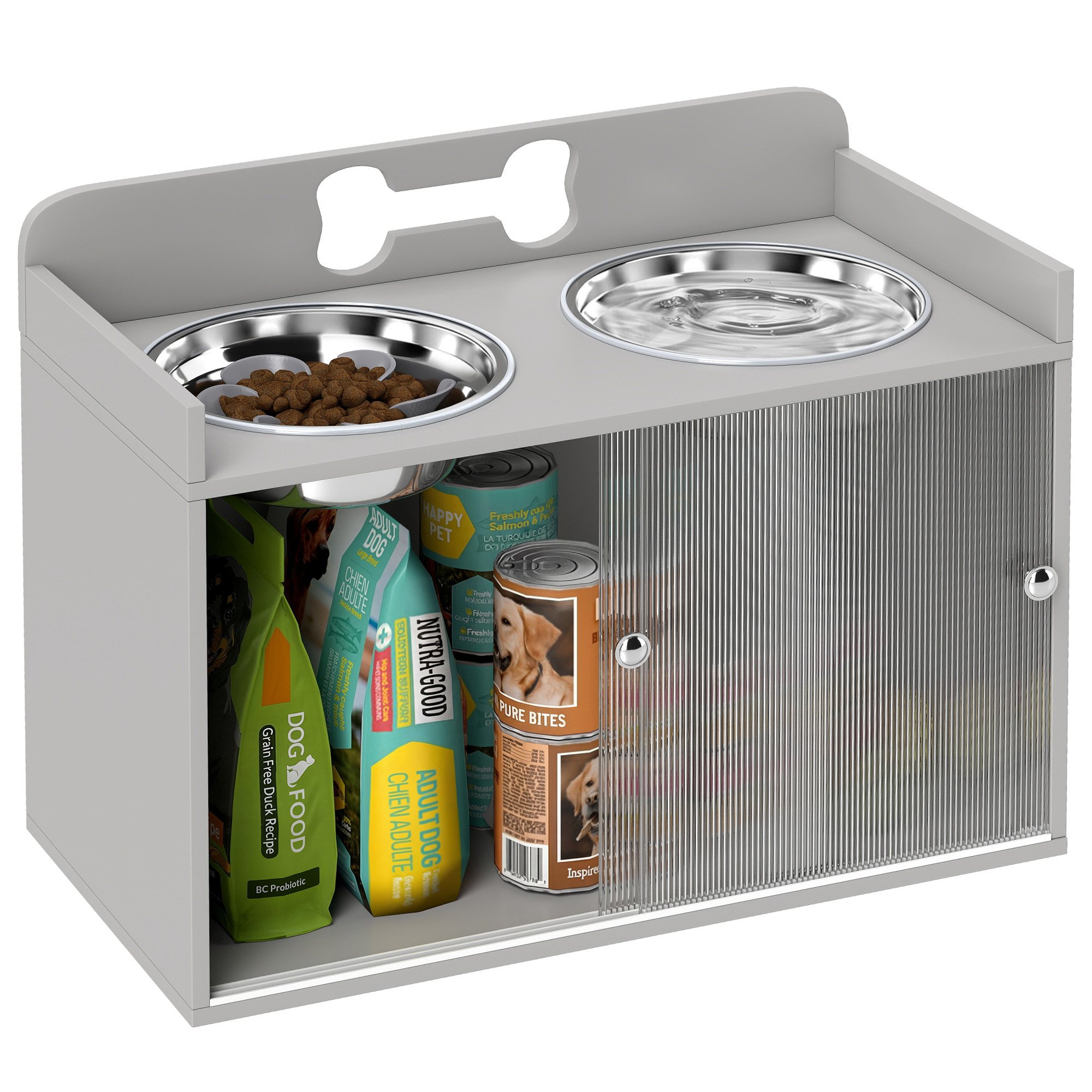 Elevated Dog Bowls with Storage, Raised Dog Bowl Stand with 2 Stainless Steel Bowl for Large Dogs, Gray