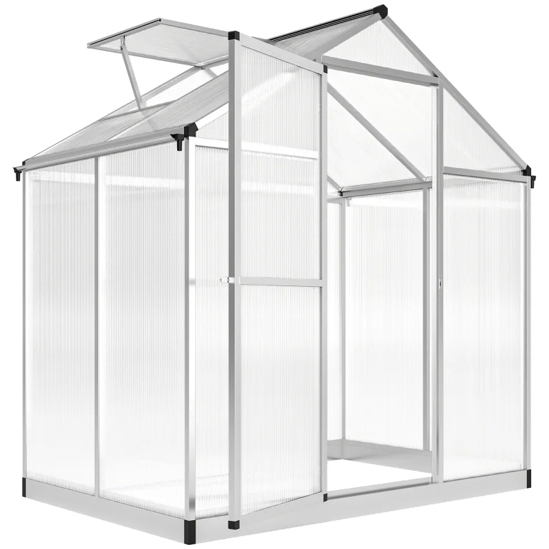 4' L x 6' W Walk-In Polycarbonate Greenhouse with Roof Vent for Ventilation & Rain Gutter for Winter