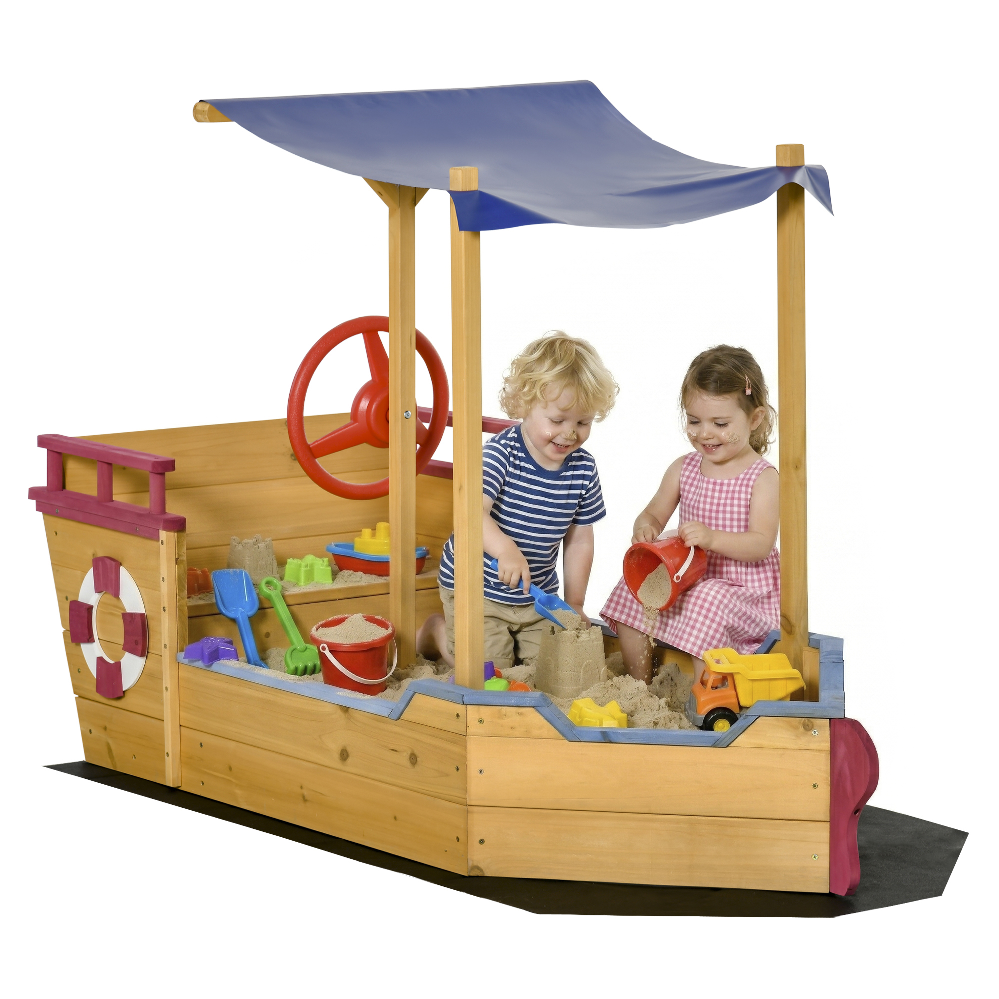 Kids Wooden Sandbox, w/ Canopy Bench Seat Storage Space, Aged 3-8 Years Old
