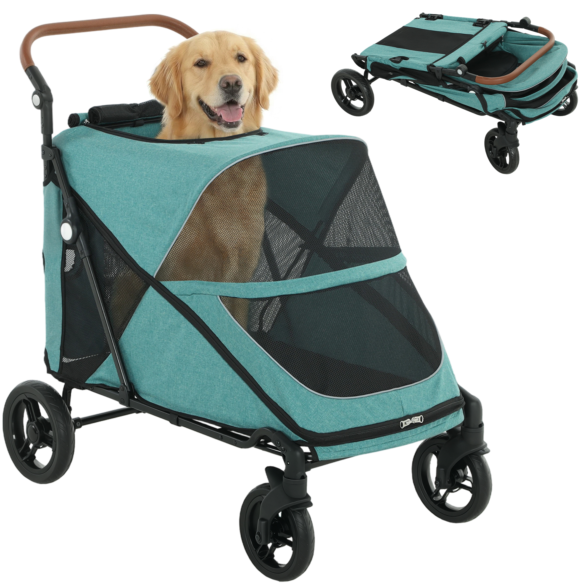 Dog Stroller for Large Dogs Up to 66 LBS with All-Terrain Spring Suspension, 8-Position Adjustable Handle, Teal
