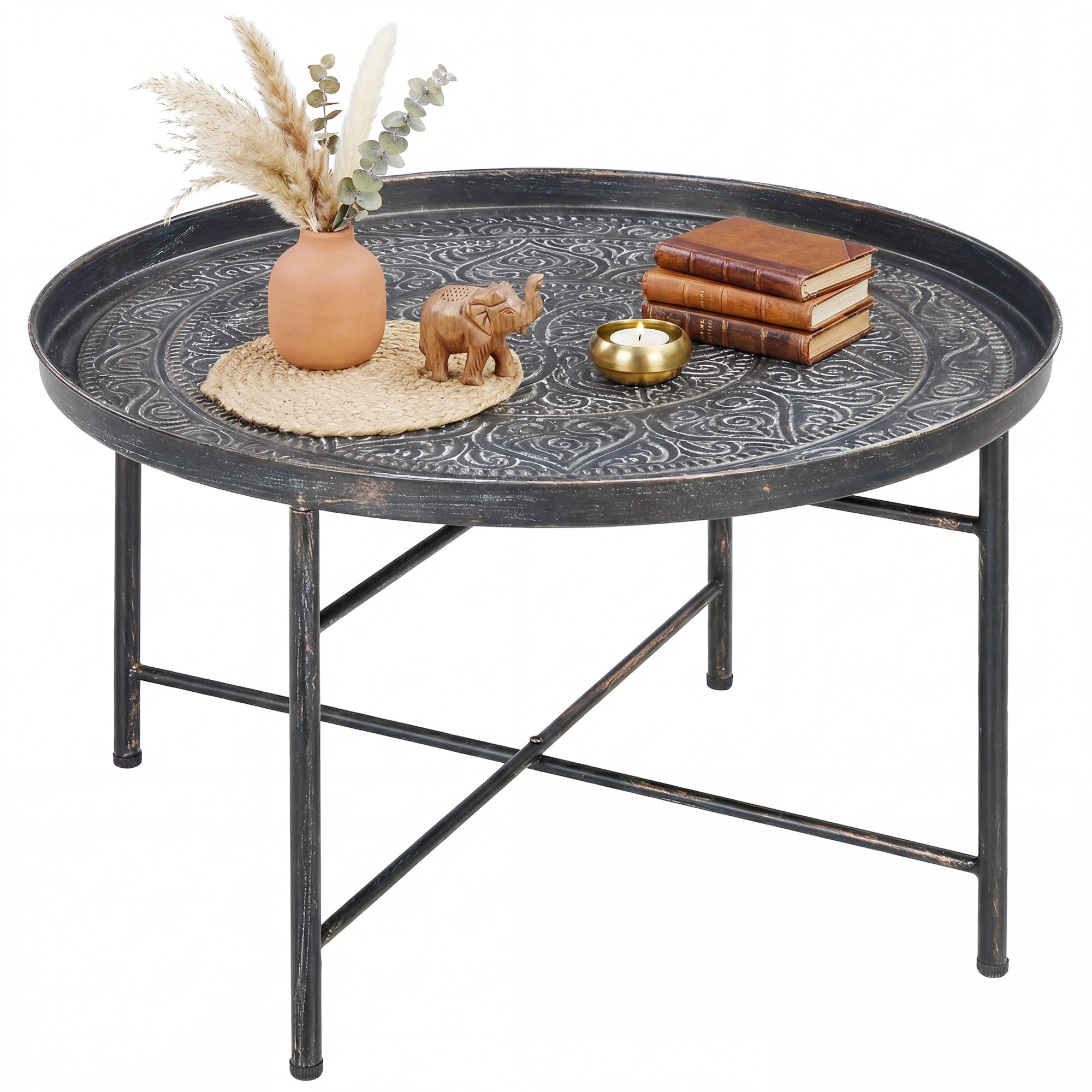 Coffee Table for Living Room, 24" Round Center Table with Hammered Tray Top and Metal Frame for Bedroom, Pewter