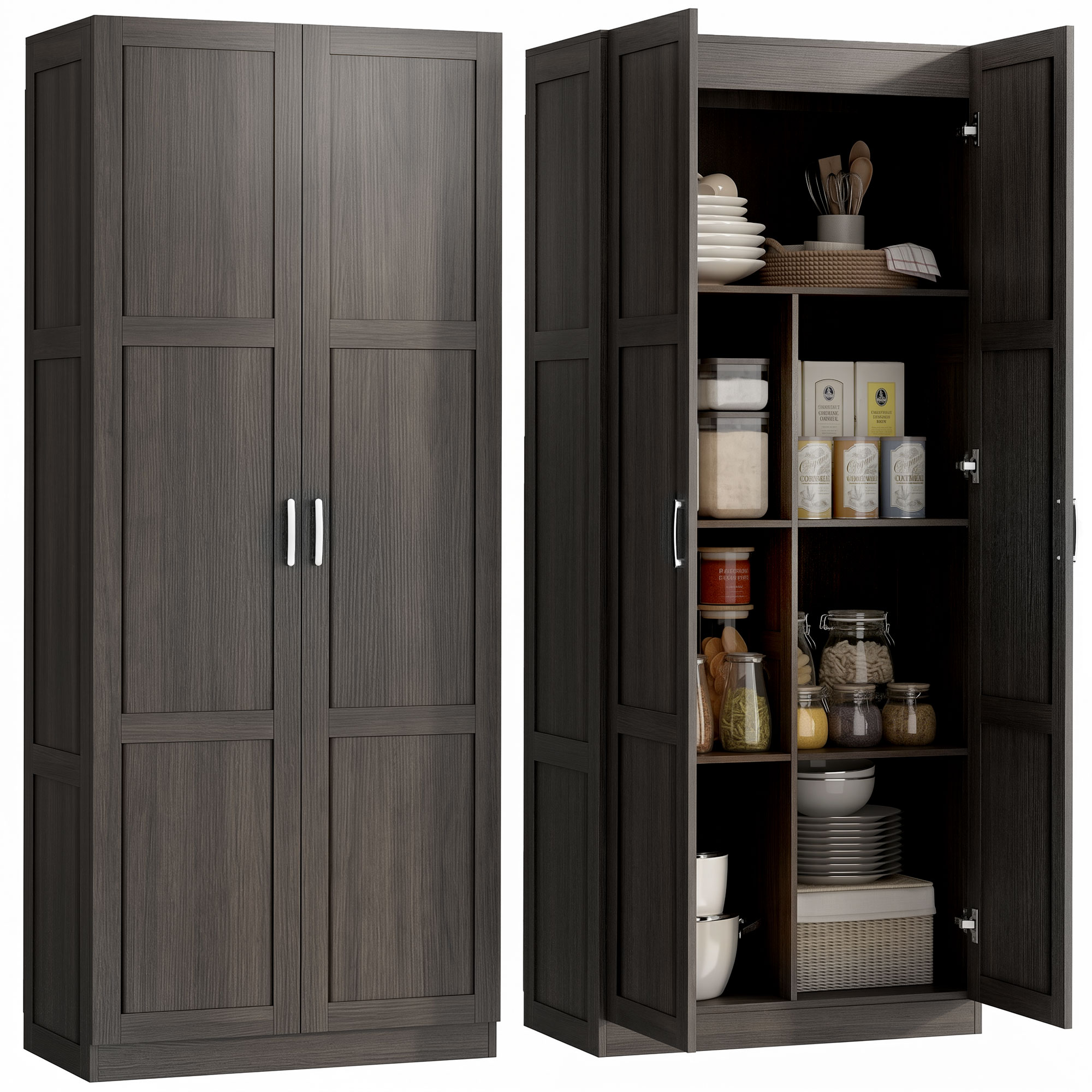 Farmhouse Pantry Cabinet, 71" Tall Kitchen Pantry Storage Cabinet with Soft-Close Hinges, Adjustable Shelves, Espresso