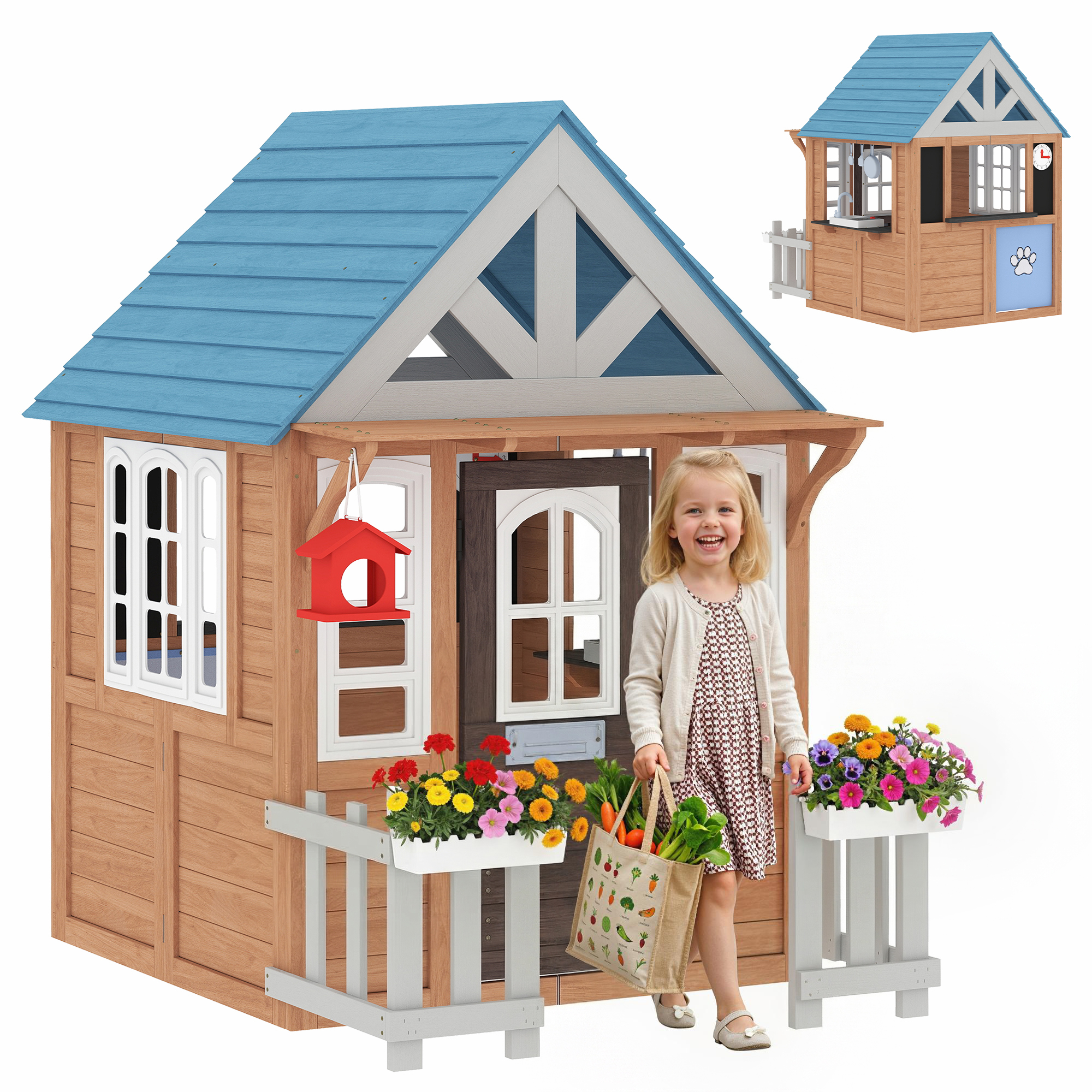 Wooden Kids Playhouse with Pet Door, Play Kitchen, Mailbox, Doorbell, Birdhouse, Fence and Windows for Pretend Play