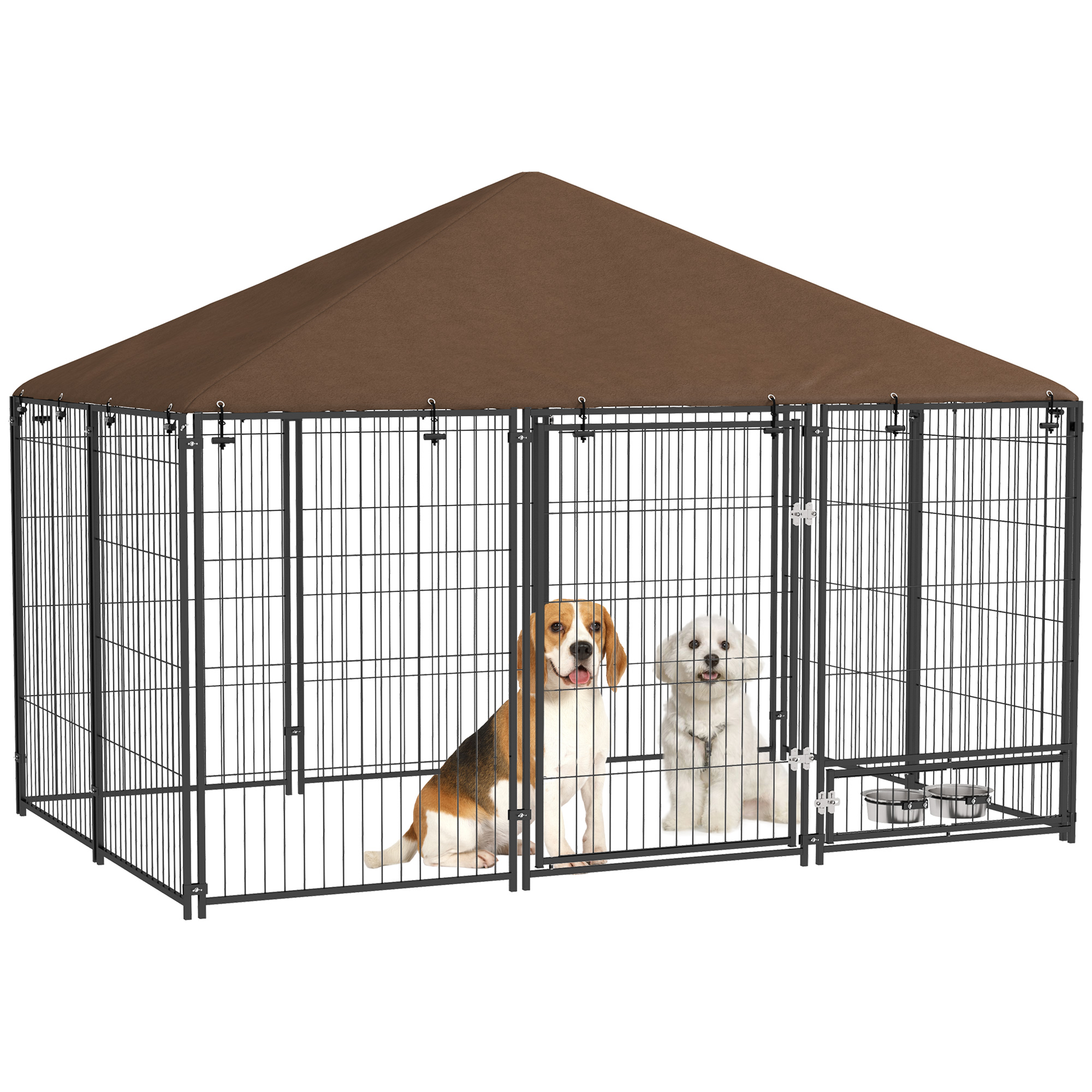 Outside Dog Kennel, 6.9' x 4.6' x 5' Puppy Play Pen with Canopy, Garden Playpen Fence Crate with Rotating Bowl, Black