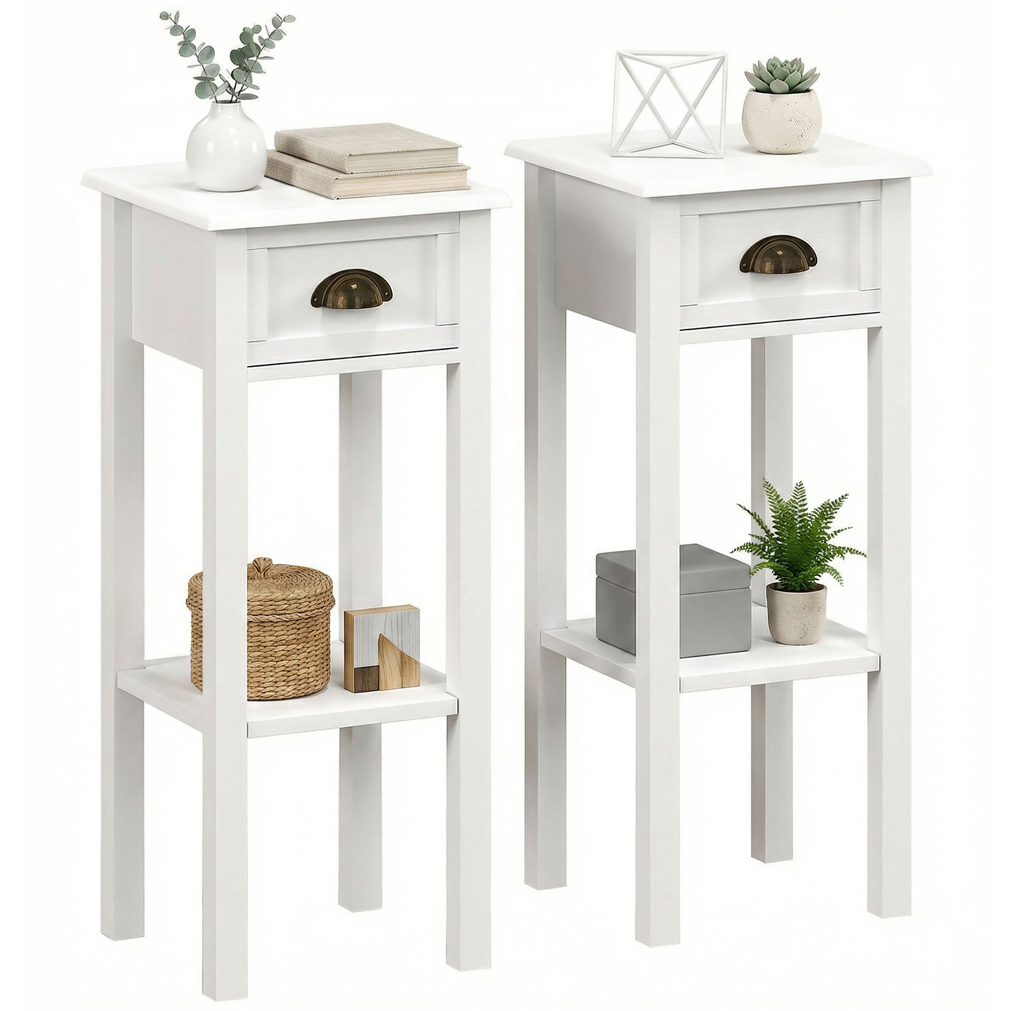 2-Tier Side Tables Set of 2 with Drawer and Shelf, 2 Pieces End Tables for Living Room and Hallway, White