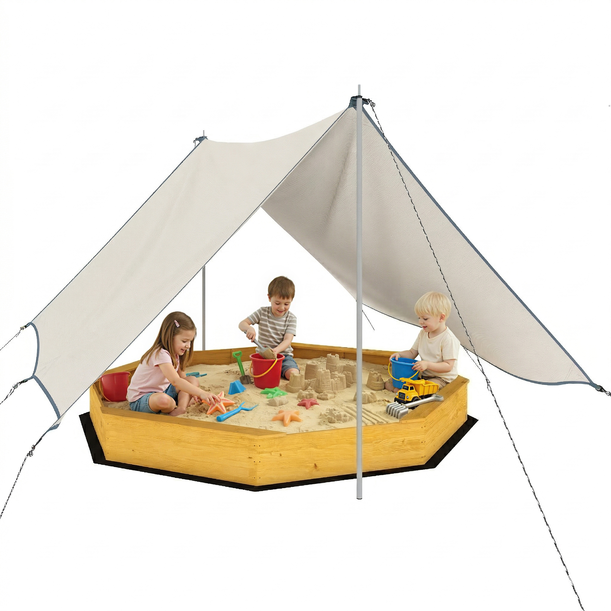 Wooden Sandbox with Large Canopy, Outdoor Sand Box with 4 Bench Seats, Bottom Liner for 8 Kids Aged 3-8, Yellow