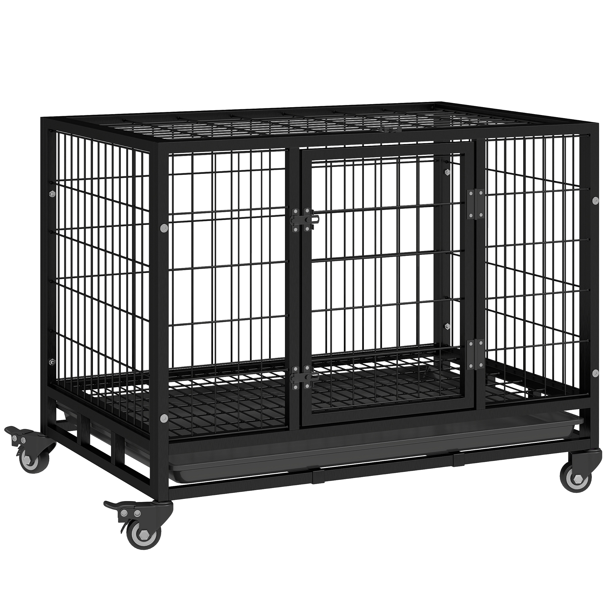 36" Heavy Duty Dog Crate with Removable Tray, Lockable Wheels and Double Door, for Medium and Large Dogs, Black
