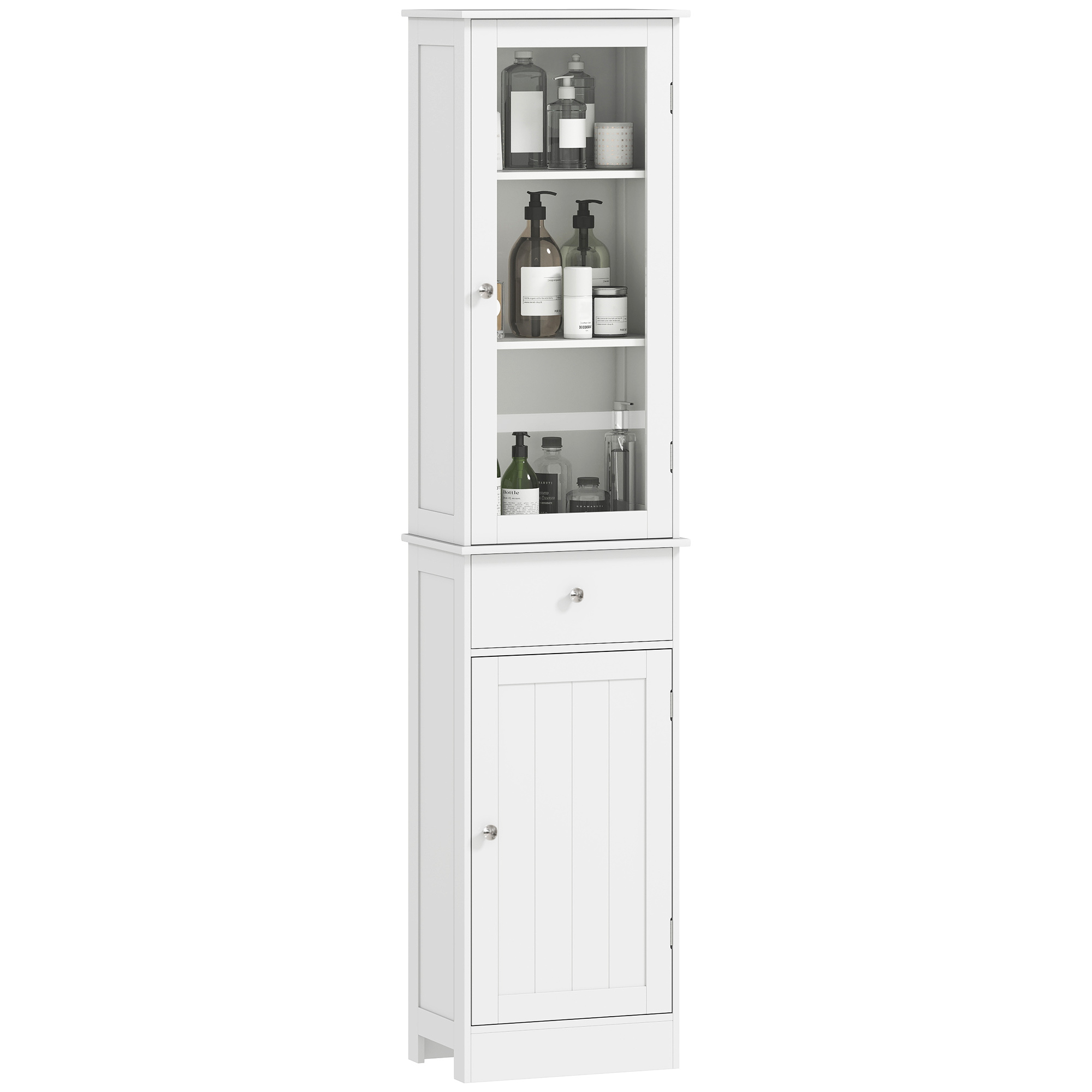 Slim Bathroom Storage Cabinet, Tall Bathroom Cabinet, Narrow Linen Tower with Acrylic Door, Drawer and Shelves, White