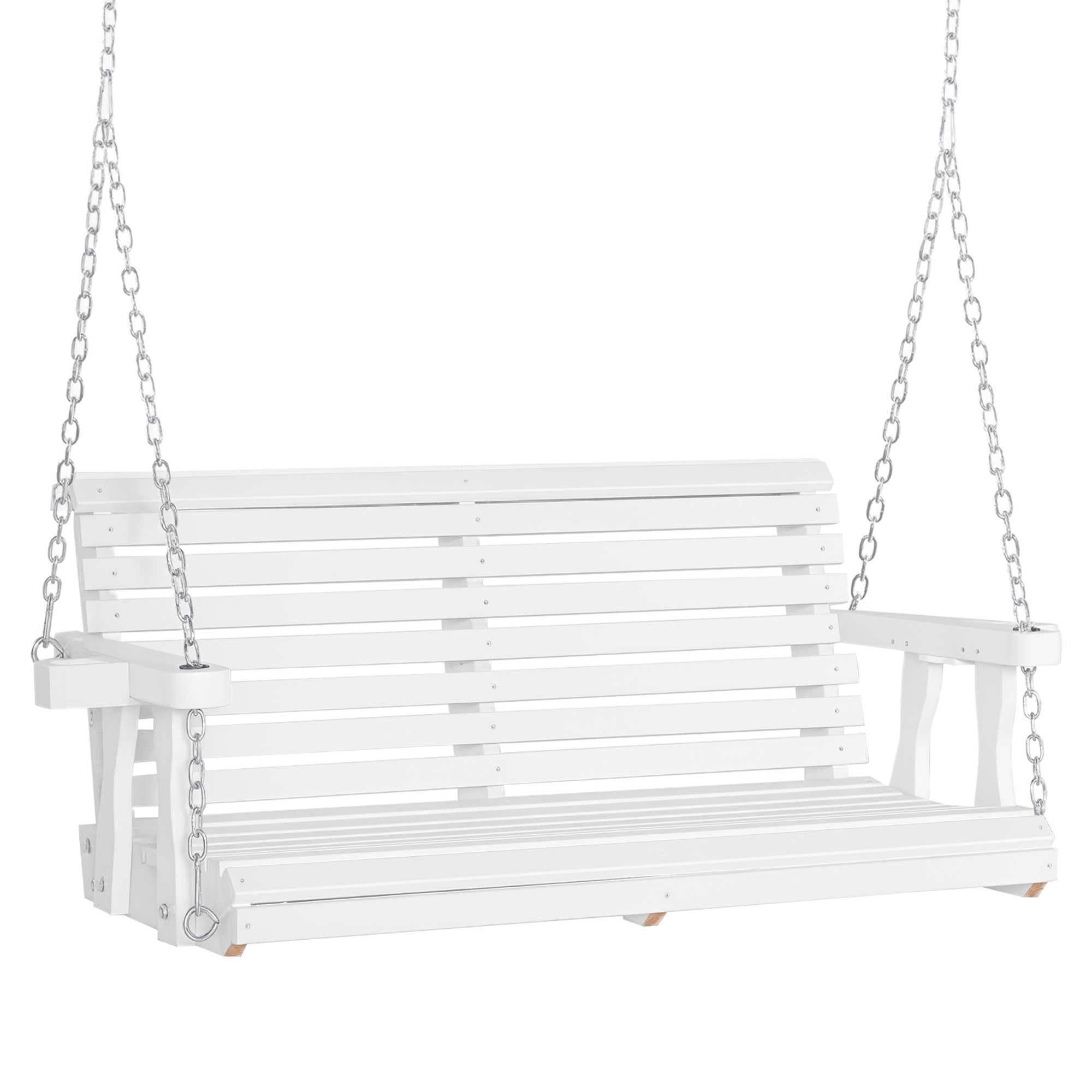 46" 2-Person Porch Swing Wooden Patio Swing Bench with Cup Holders, Slatted Design, Chains, 440lb Weight Capacity, White