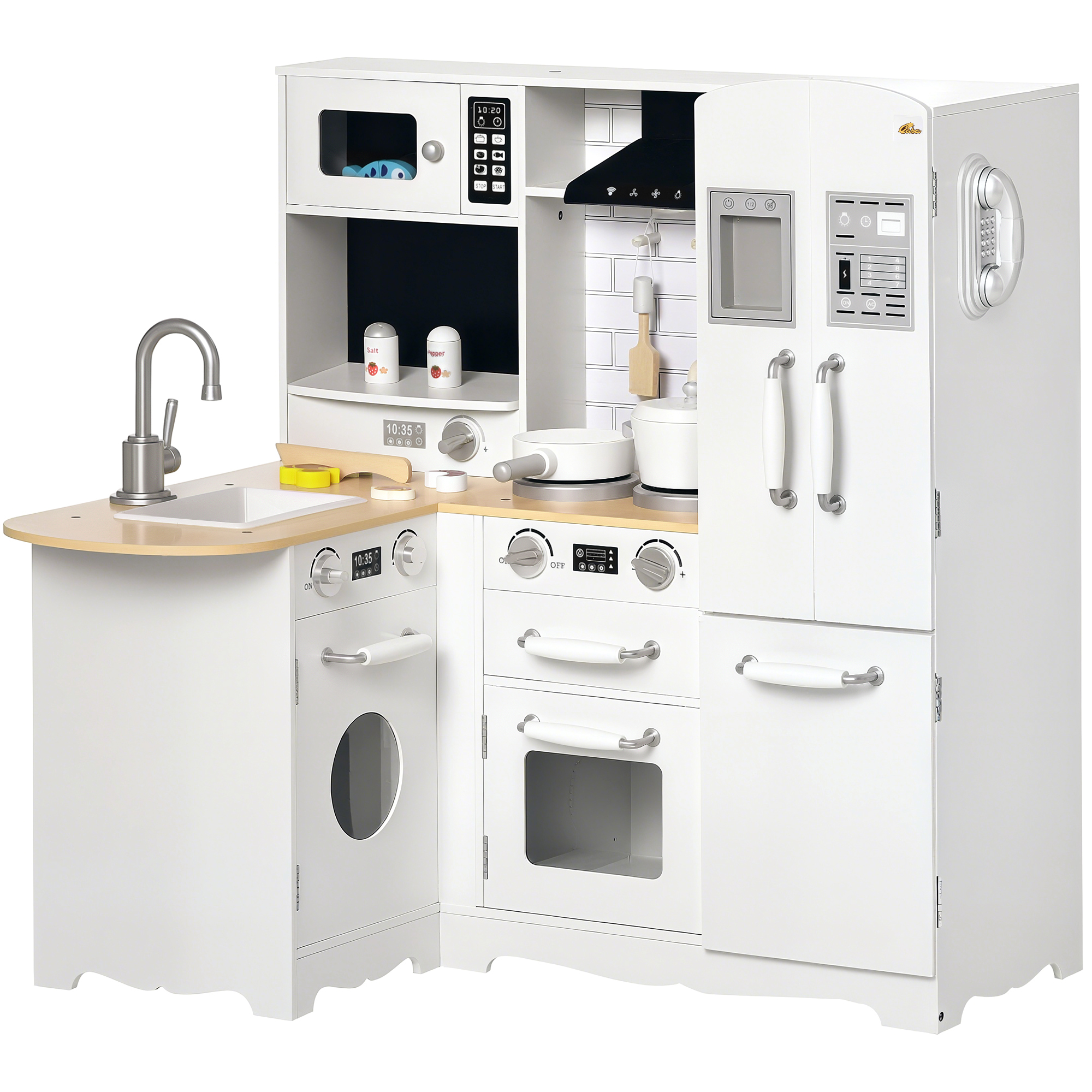 Qaba Large Play Kitchen with Full Set of Appliances for a Modern Day Pretend Kitchen, Tons of Storage, Corner Play Kitchen Set with Sound Effect, Educational Pretend Role Playset Game