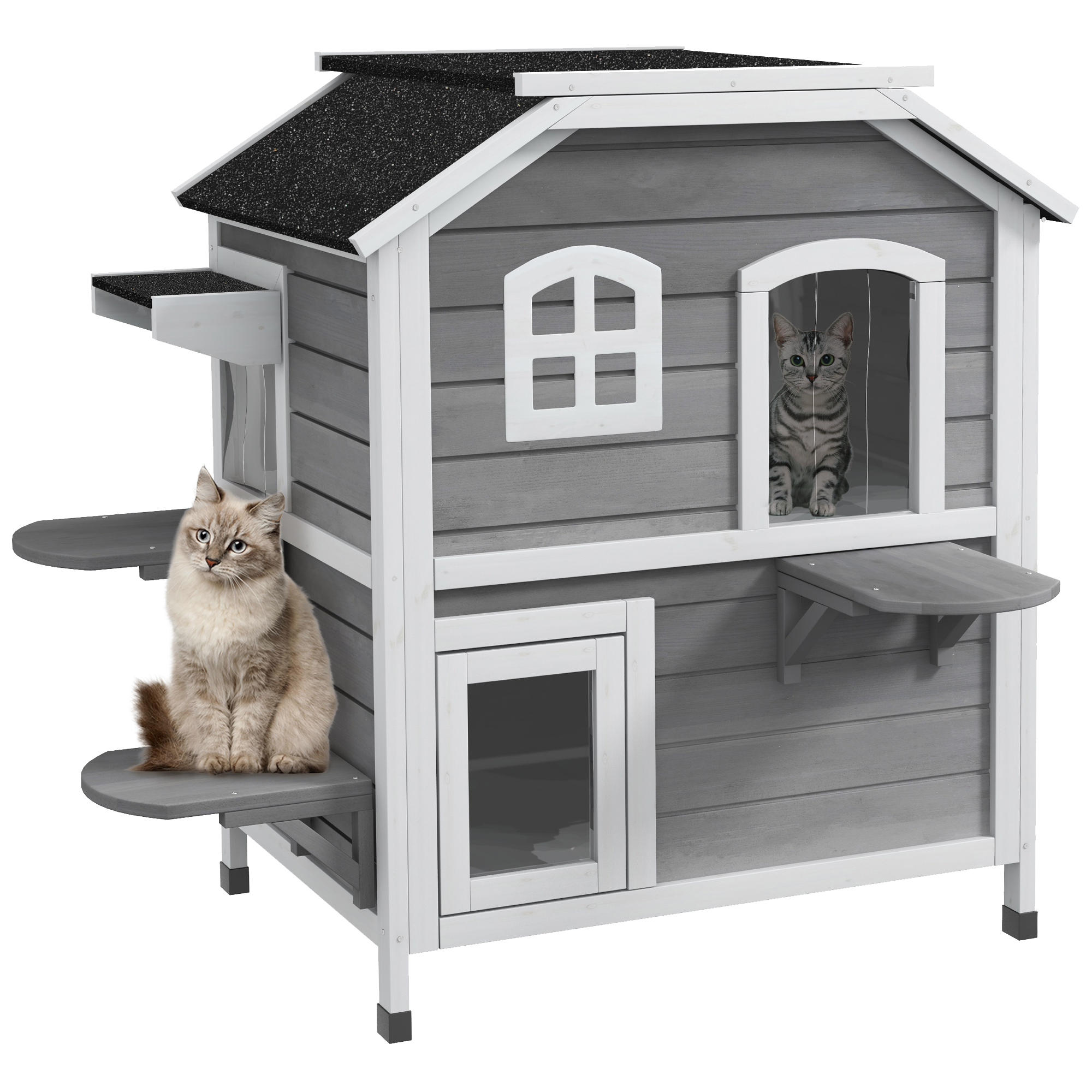 2-story Cat House Outdoor, Weatherproof Wooden Cat Enclosure for Feral Cats with Escape Door, Openable Roof, Jumping Platforms, Gray
