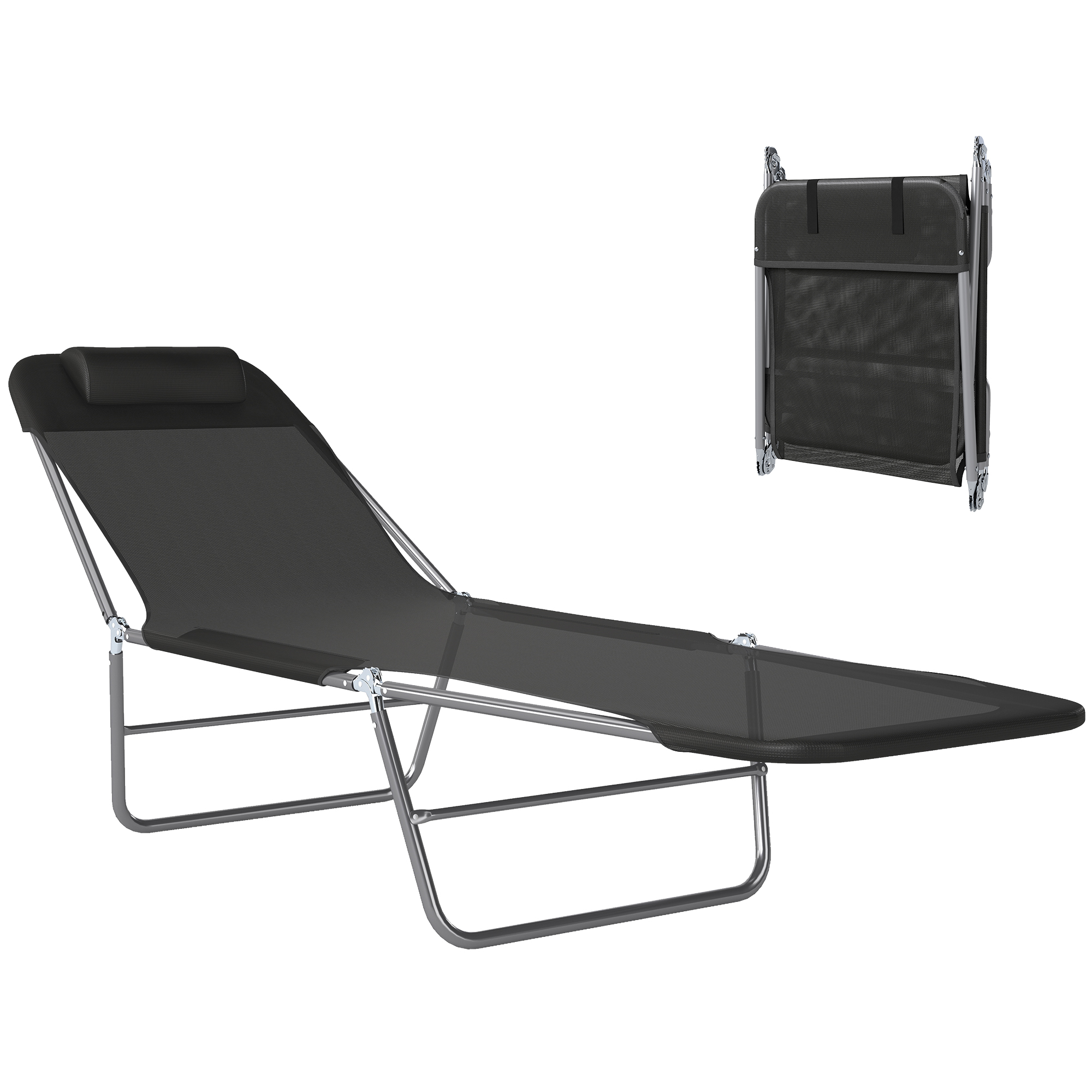 Folding Chaise Lounge Pool Chairs, Outdoor Sun Tanning Chairs with Pillow, Reclining Back, Steel Frame & Breathable Mesh for Beach, Yard, Patio, Black