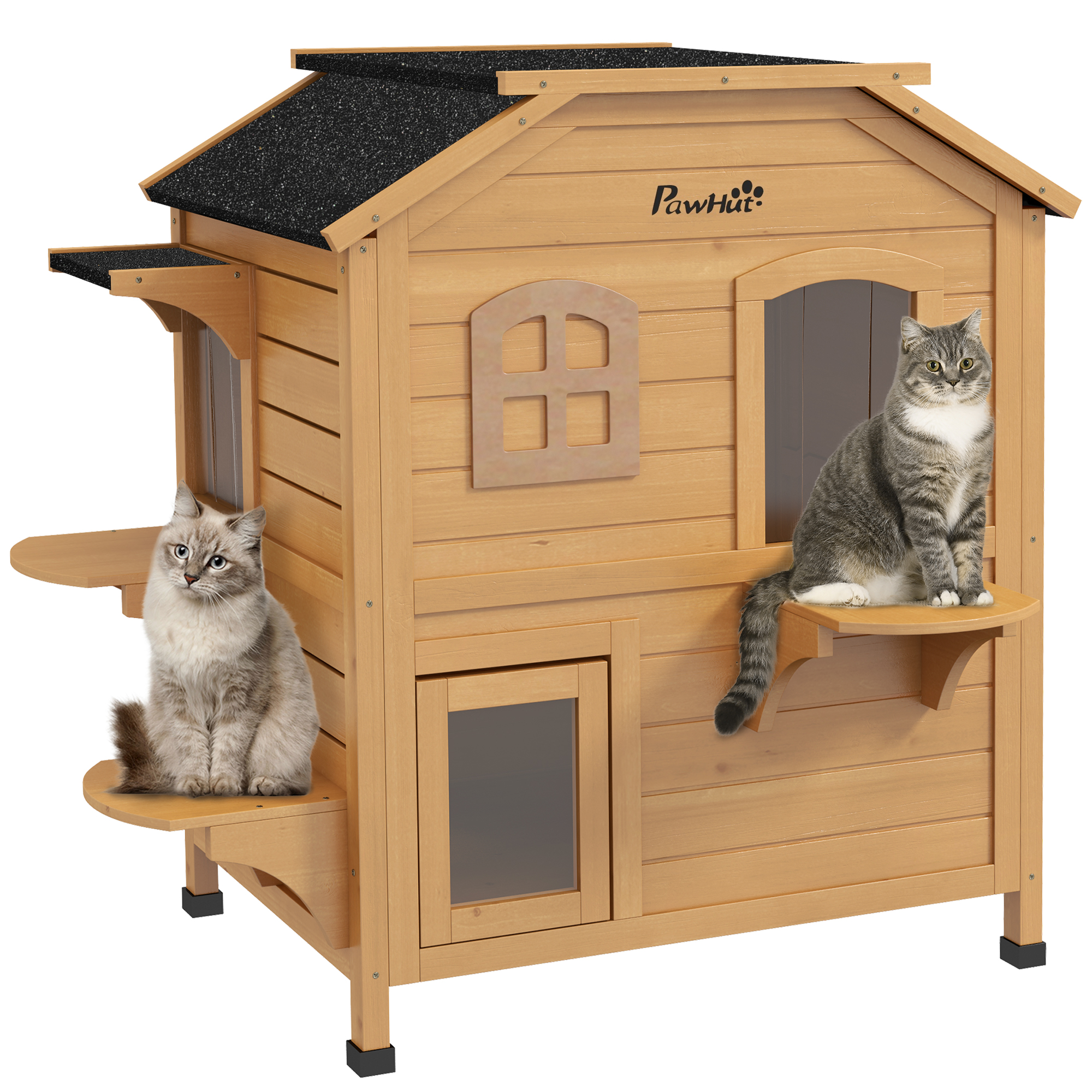 2-story Cat House Outdoor, Weatherproof Wooden Cat Enclosure for Feral Cats with Escape Door, Openable Roof, Jumping Platforms, Natural