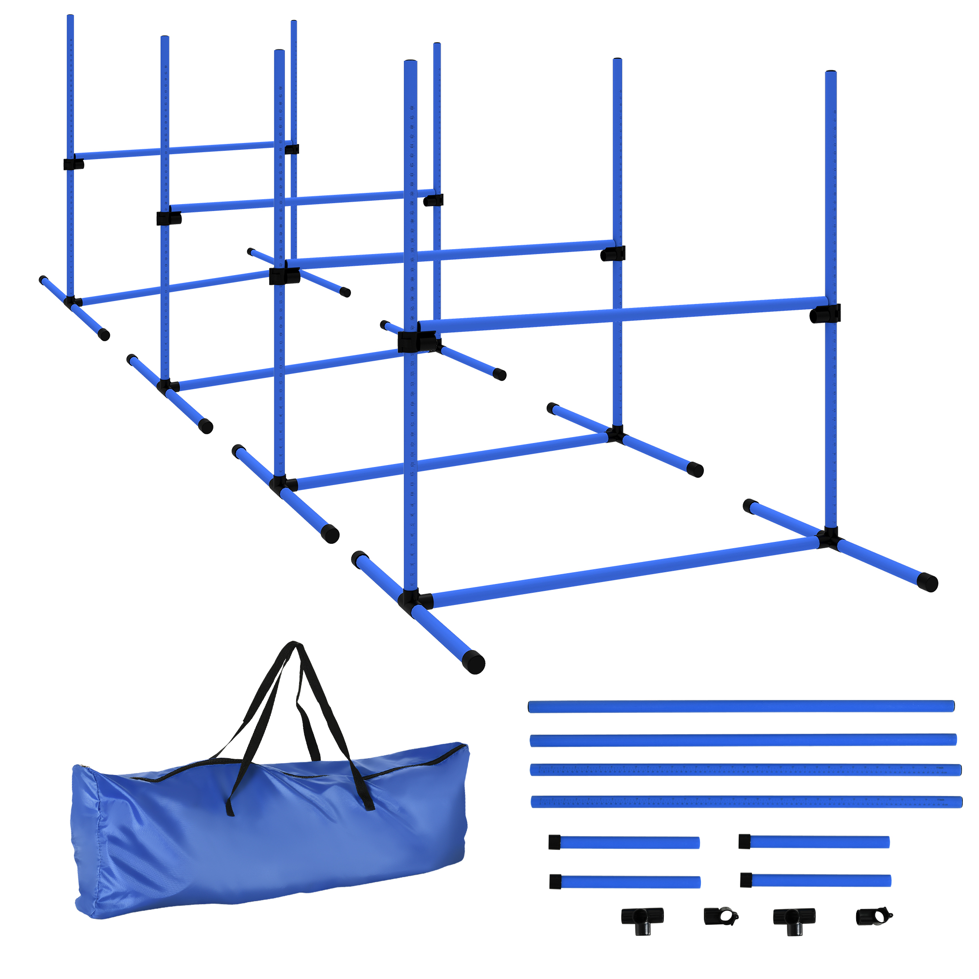 4 Piece Dog Agility Starter Kit with Adjustable Height Jump Bars, Included Carry Bag & Displacing Top Bar - Blue