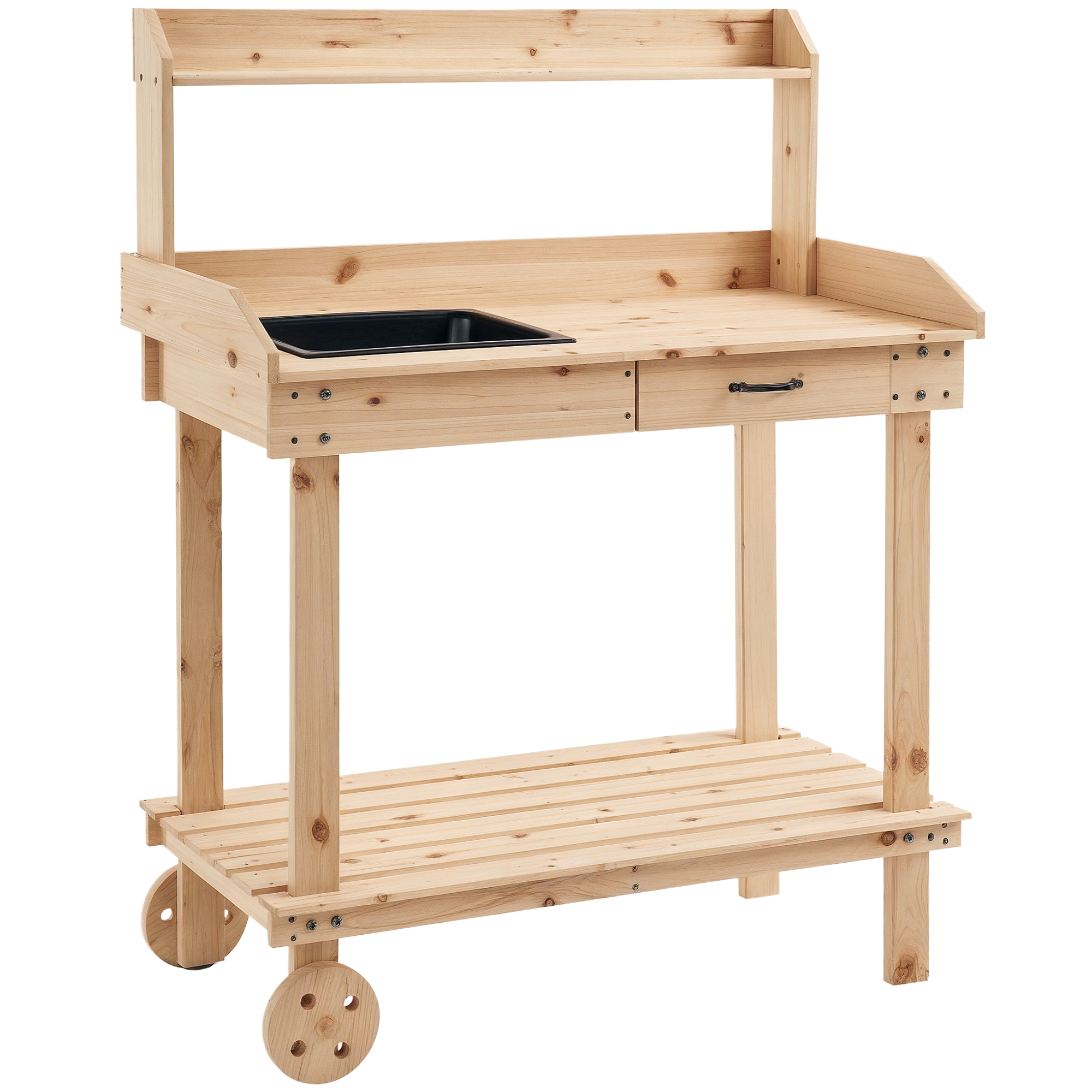 36'' Wooden Potting Bench Work Table with 2 Removable Wheels, Sink, Drawer & Large Storage Spaces, Natural
