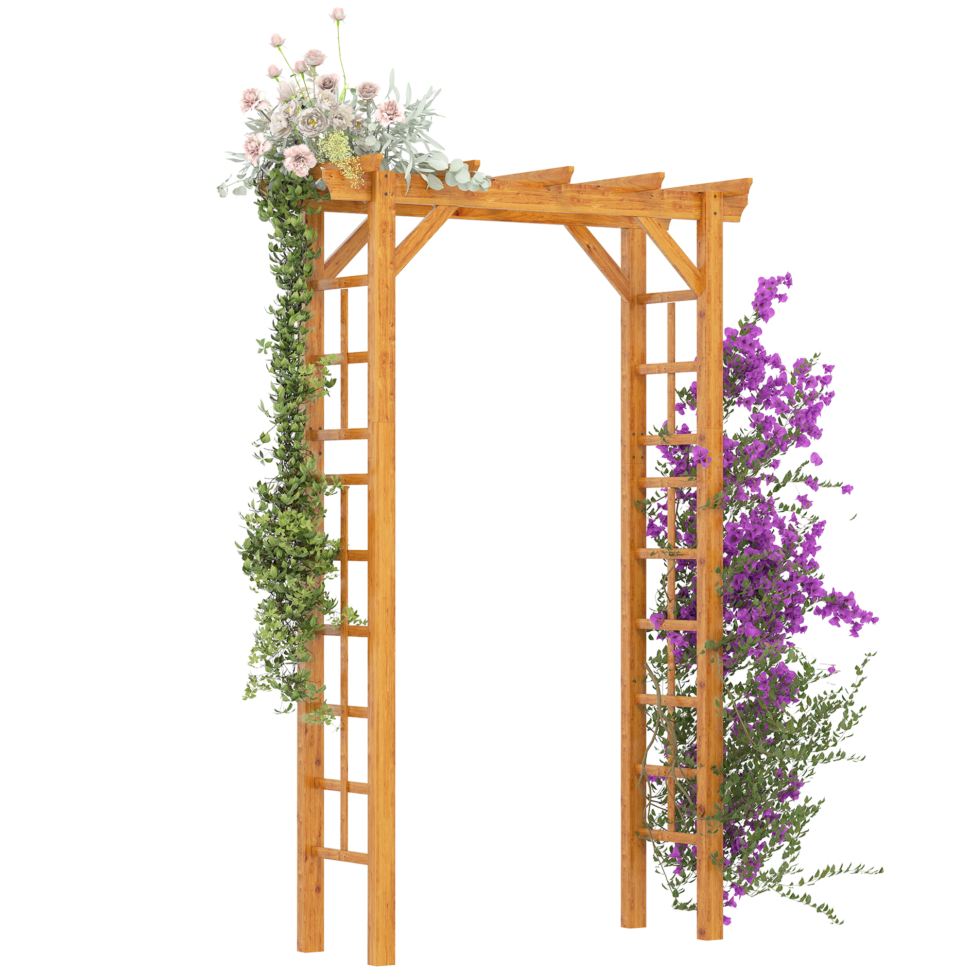 7' Wood Steel Outdoor Garden Arched Trellis Arbor with Natural Fir Wood & Side Panel for Climbing Vines, Orange