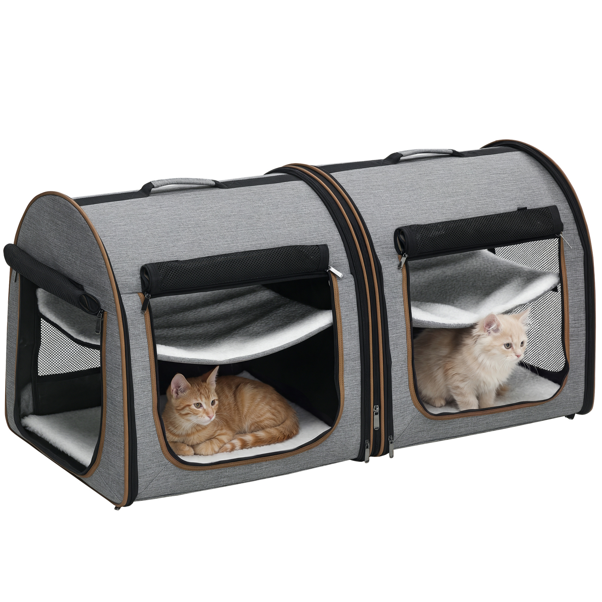 39" Portable Soft-Sided Pet Cat Carrier with Divider, Two Compartments, Soft Cushions, & Storage Bag, Gray