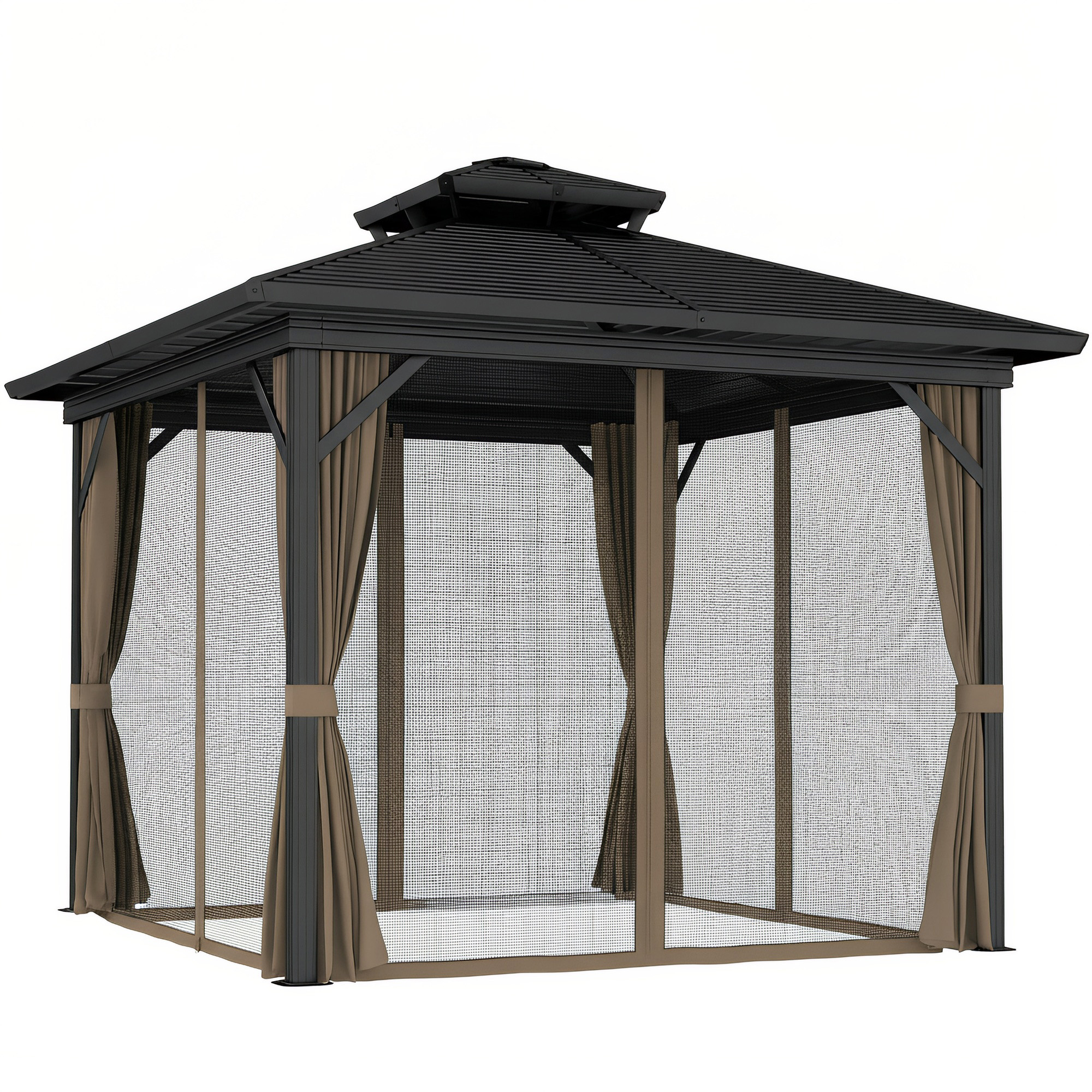 10' x 10' Hardtop Gazebo with Aluminum Frame, Metal Roof Gazebo Canopy w/ Hook, Curtains included, Dark Brown