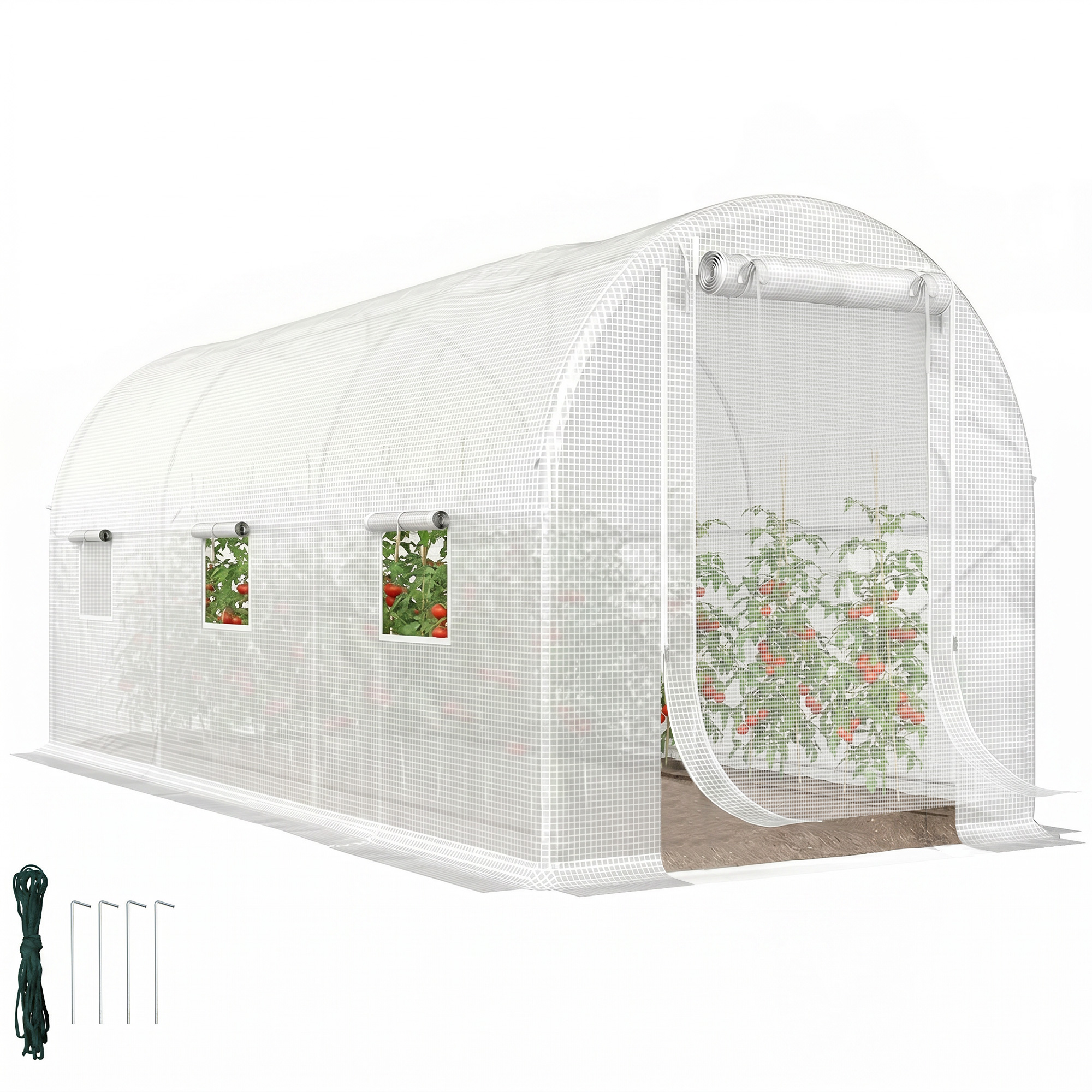 Hoop House Greenhouse, Walk-in Tunnel Greenhouse with 2 Support Rods, Zippered Roll-up Mesh Door, 14.6'x6.5'x6.6', White