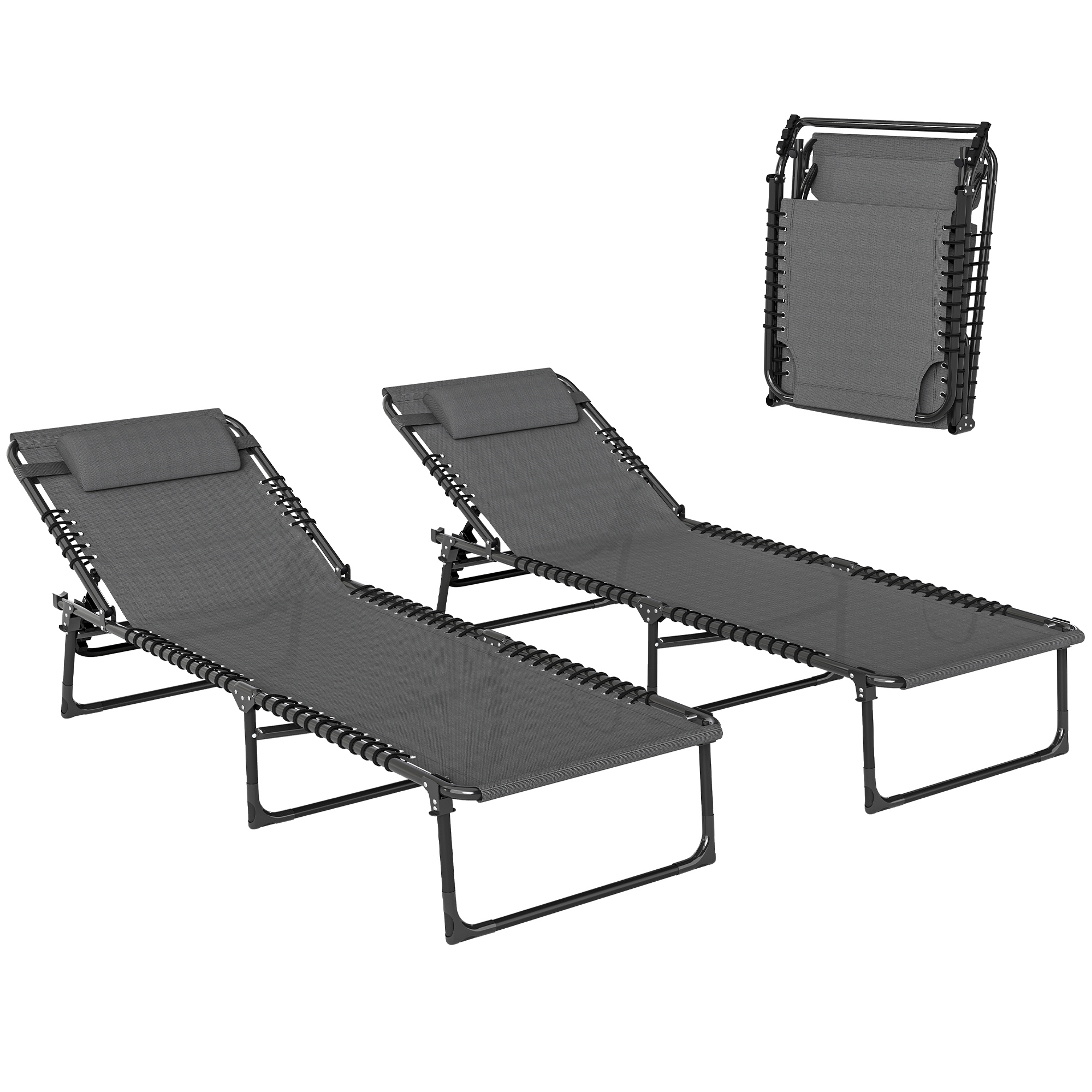 2 Folding Chaise Lounge Pool Chairs with 4-Position Reclining Back, Pillow, Breathable Mesh & Bungee Seat, Gray