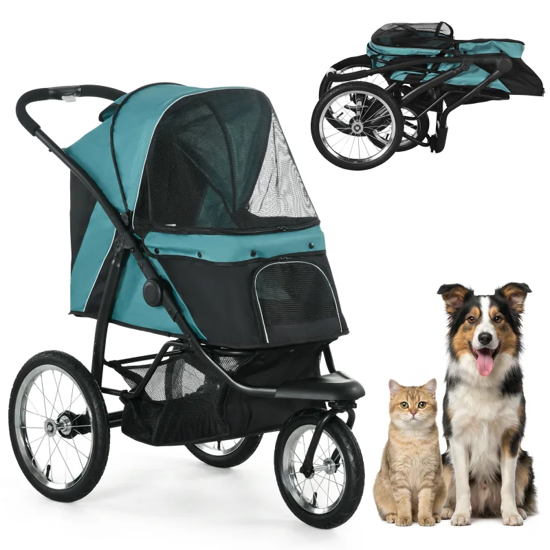 3 Wheels Pet Stroller for Small Dogs and Medium Dogs with Adjustable Canopy, Safety Tether, Storage Basket, Dark Green