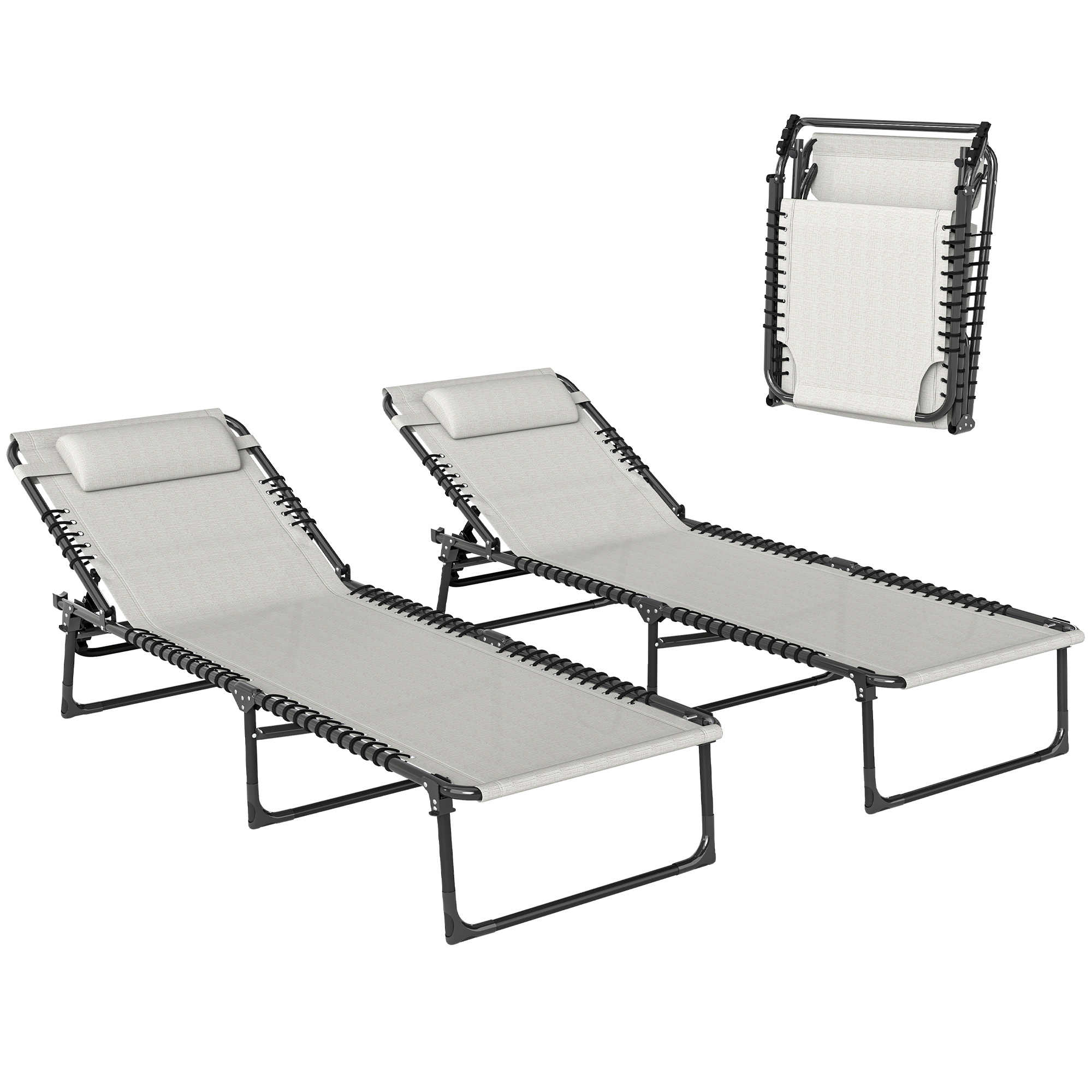 2 Folding Chaise Lounge Pool Chairs with 4-Position Reclining Back, Pillow, Breathable Mesh & Bungee Seat, Dark Blue