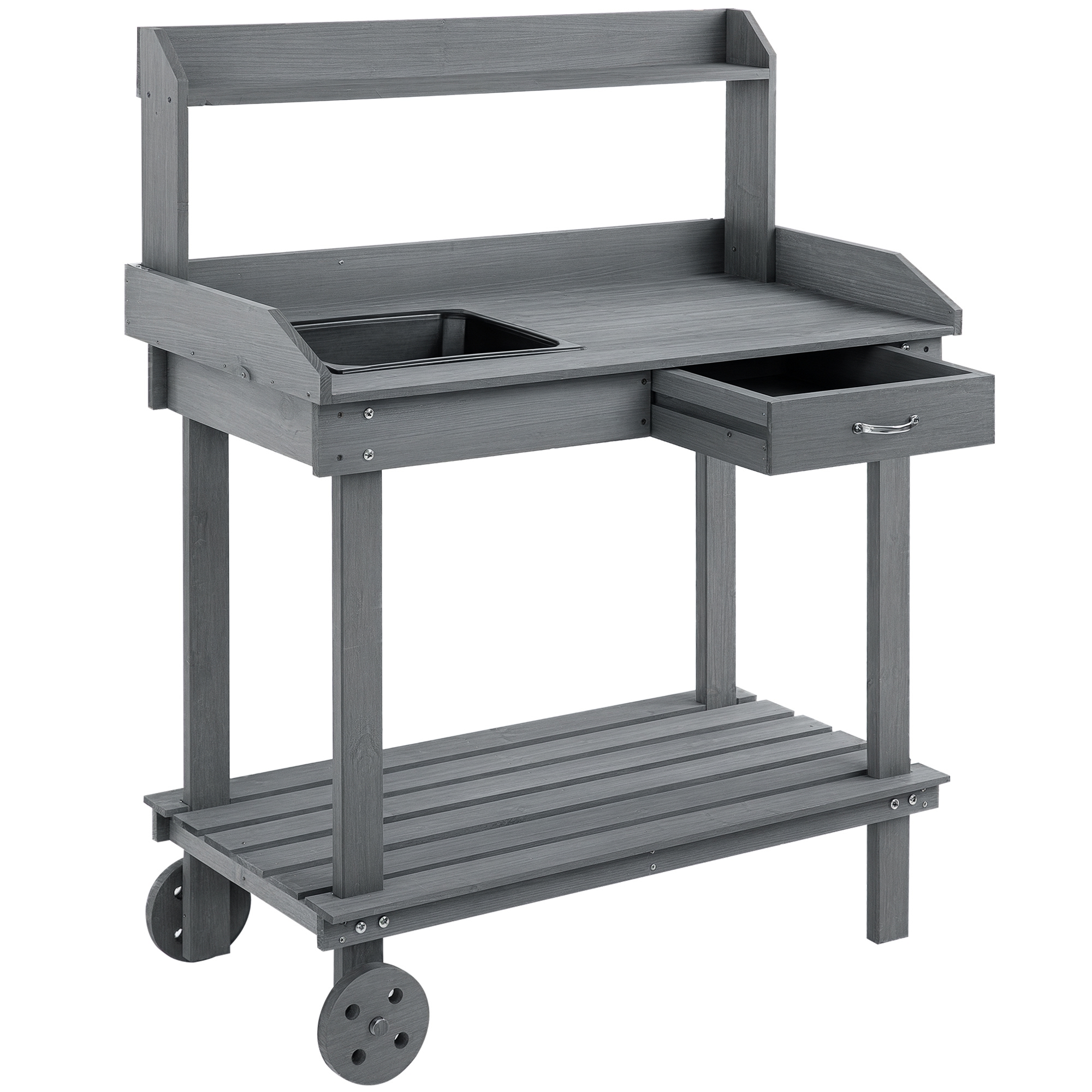 36'' Wooden Potting Bench Work Table with 2 Removable Wheels, Sink, Drawer & Large Storage Spaces, Gray