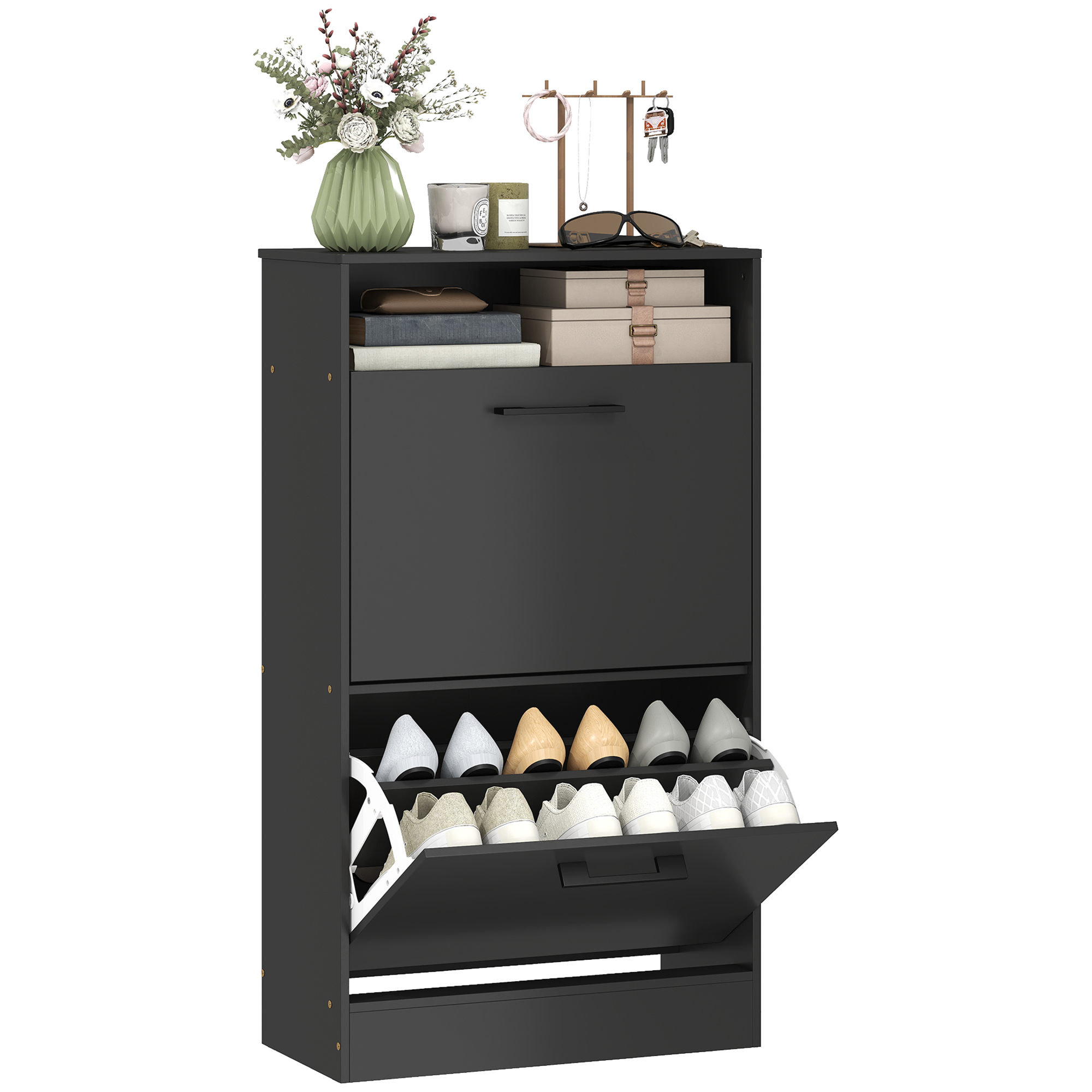 Shoe Cabinet 2 Flip Drawers Adjustable Dividers Shoe Storage Cabinet Top Shelf Entryway Black