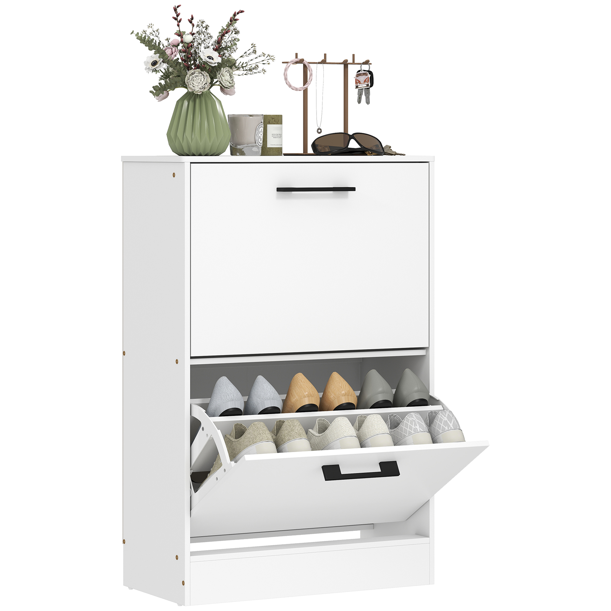Shoe Cabinet 2 Flip Drawers Narrow Shoe Storage Unit Adjustable Dividers Entryway Hallway White