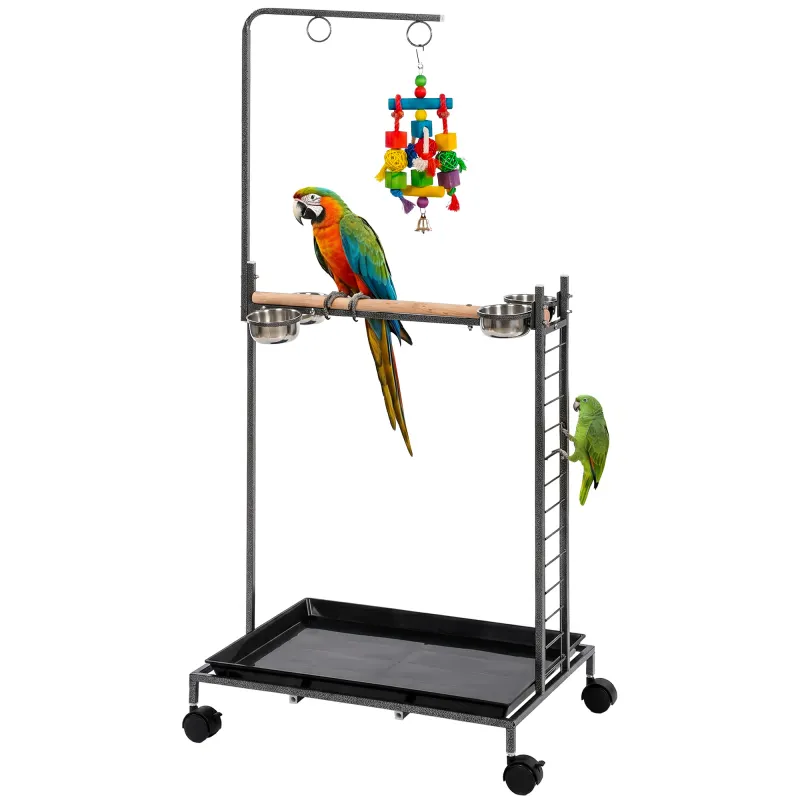 Bird Stand with Wheels Parrot Stand with Slide-out Tray Stainless Steel Bowls for Indoor Outdoor Dark Gray