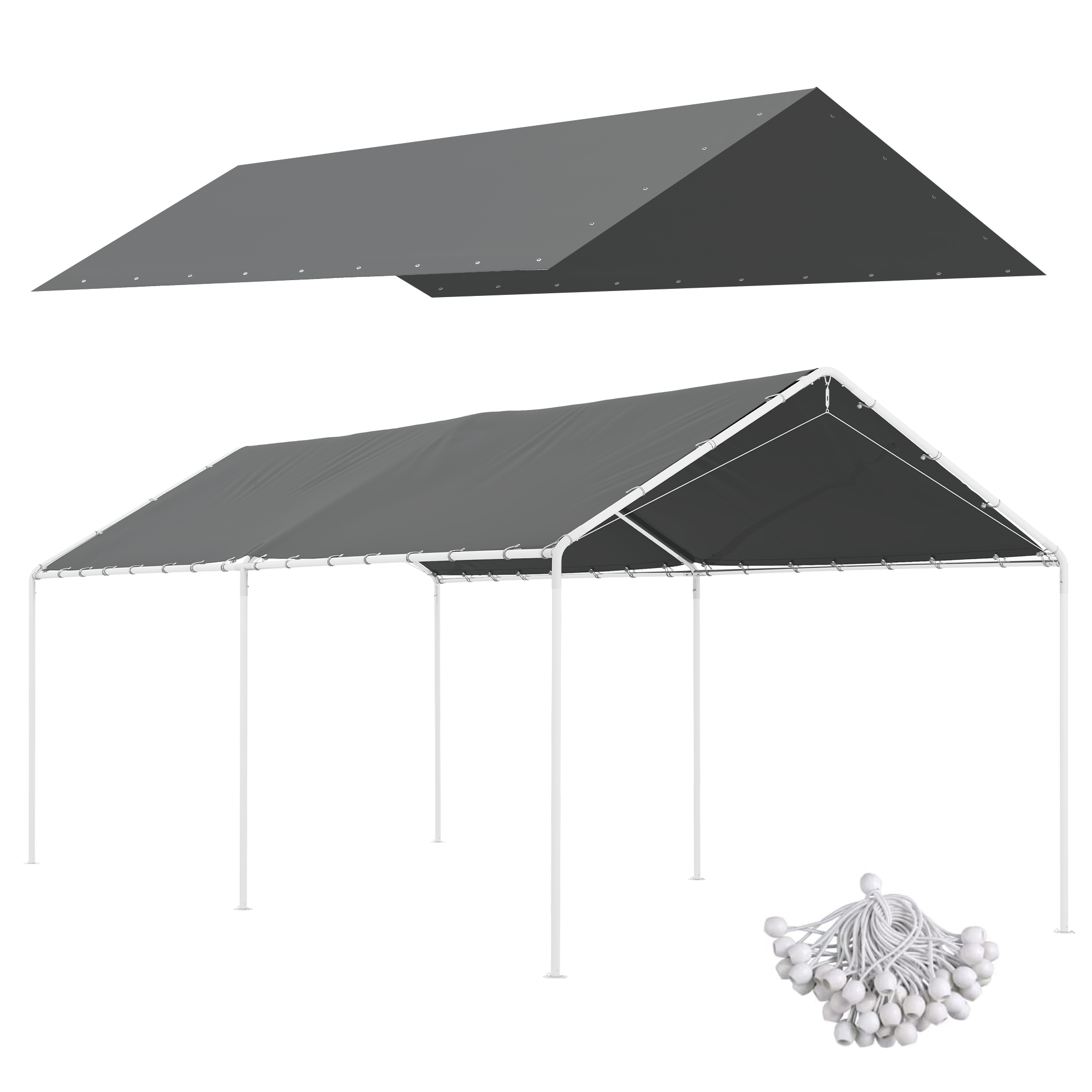 10 x 20ft Carport Roof, UV Resistant Canopy Replacement Cover with Ball Bungee Cords, Dark Gray