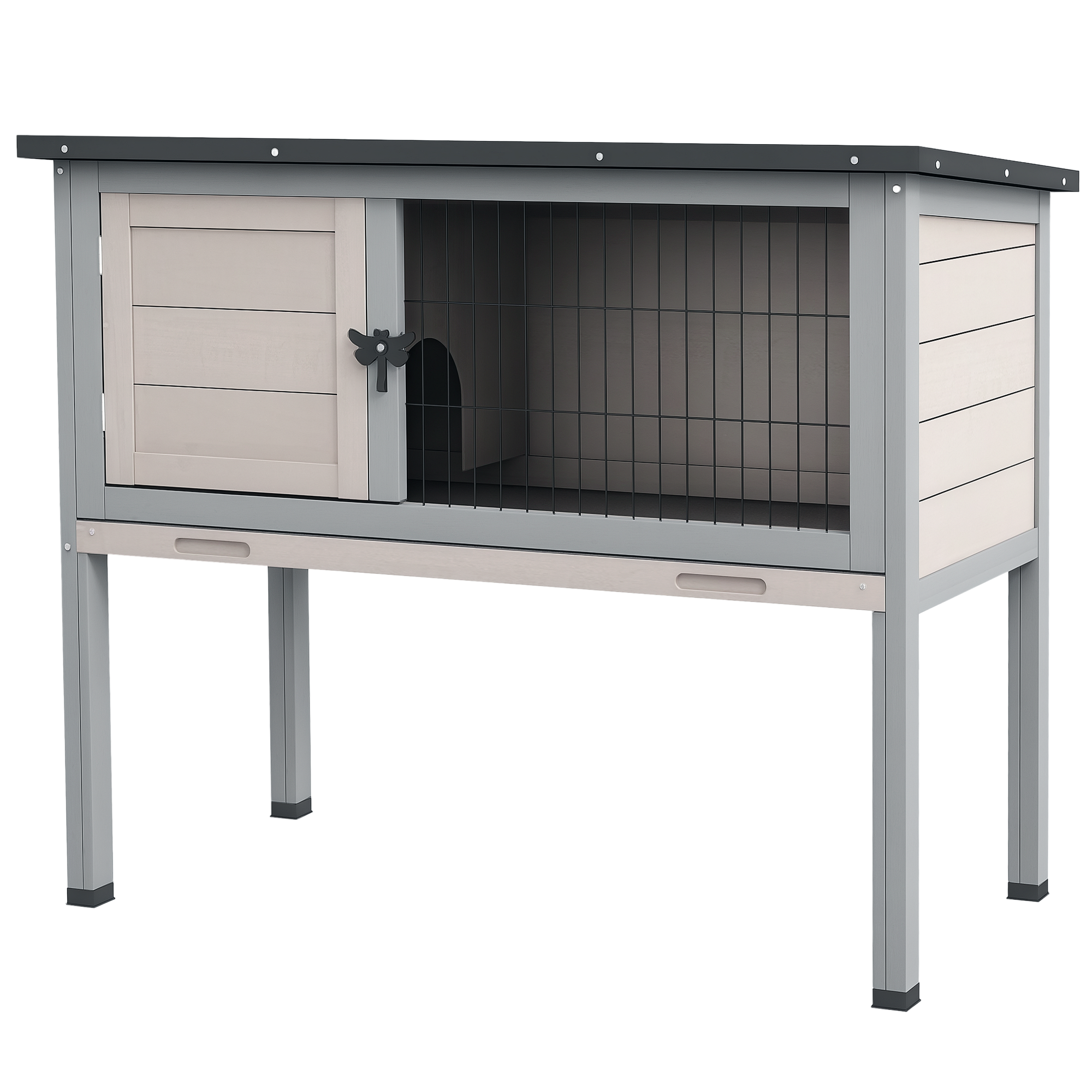 Elevated Rabbit Hutch, Wooden Bunny Cage with Hinged Asphalt Roof and Removable Tray, for Indoor/Outdoor, Gray