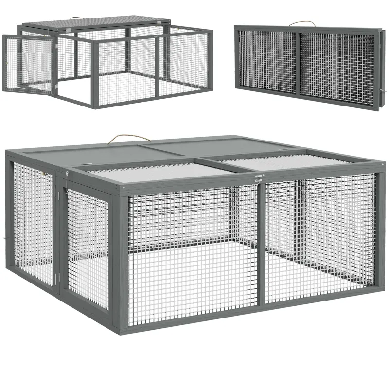 Wooden Folding Rabbit Hutch, for 2-3 Rabbits - Gray