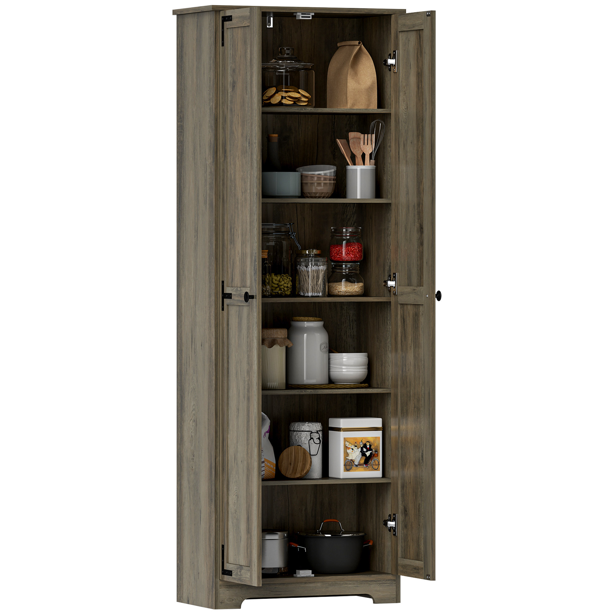 67" Farmhouse Pantry Cabinet, Freestanding Food Pantry Cabinet with Adjustable Shelves, Distressed Gray