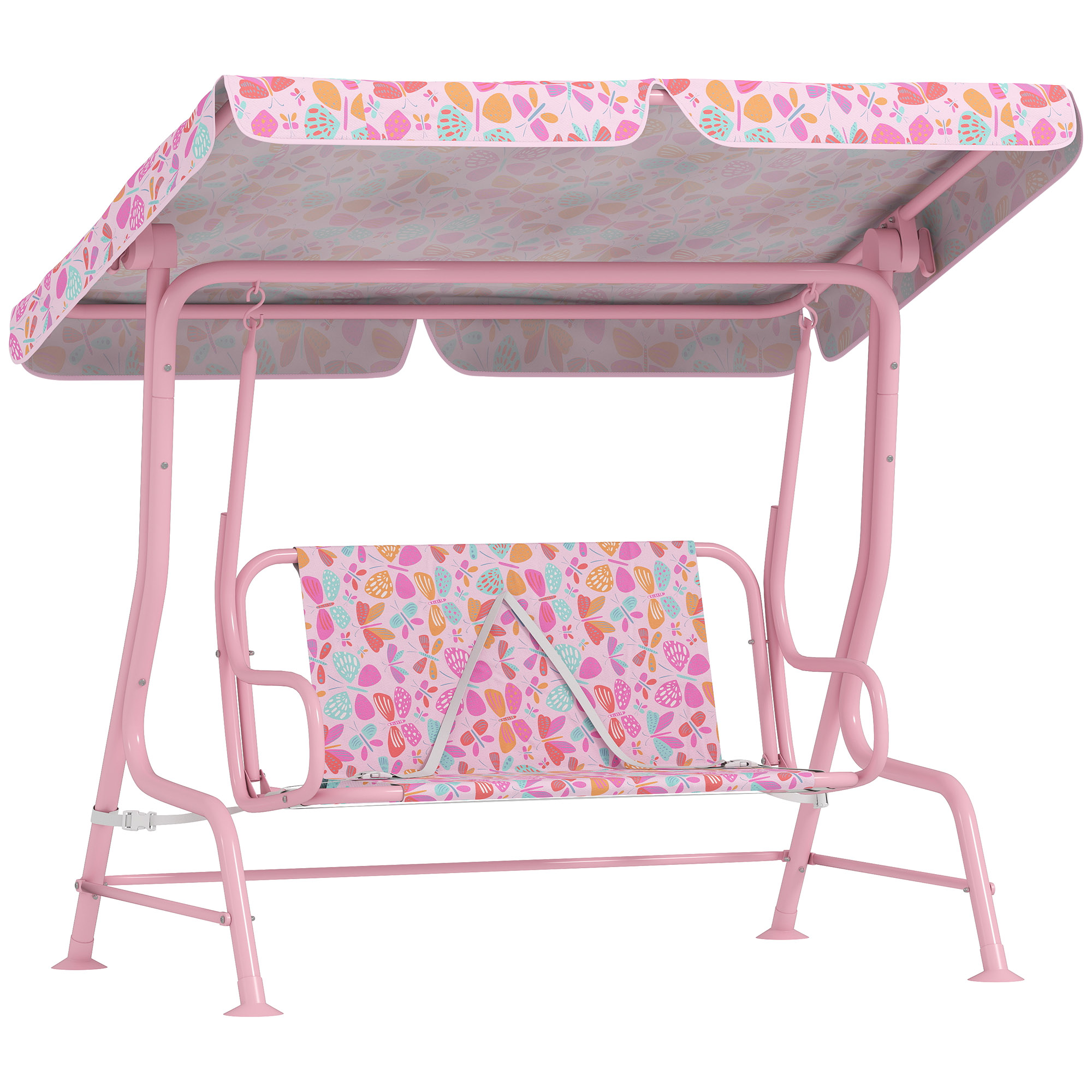 Kids Patio Swing, 2-Seater Outdoor Porch Swing with Safety Belt and Adjustable Canopy for Backyard Garden, Pink