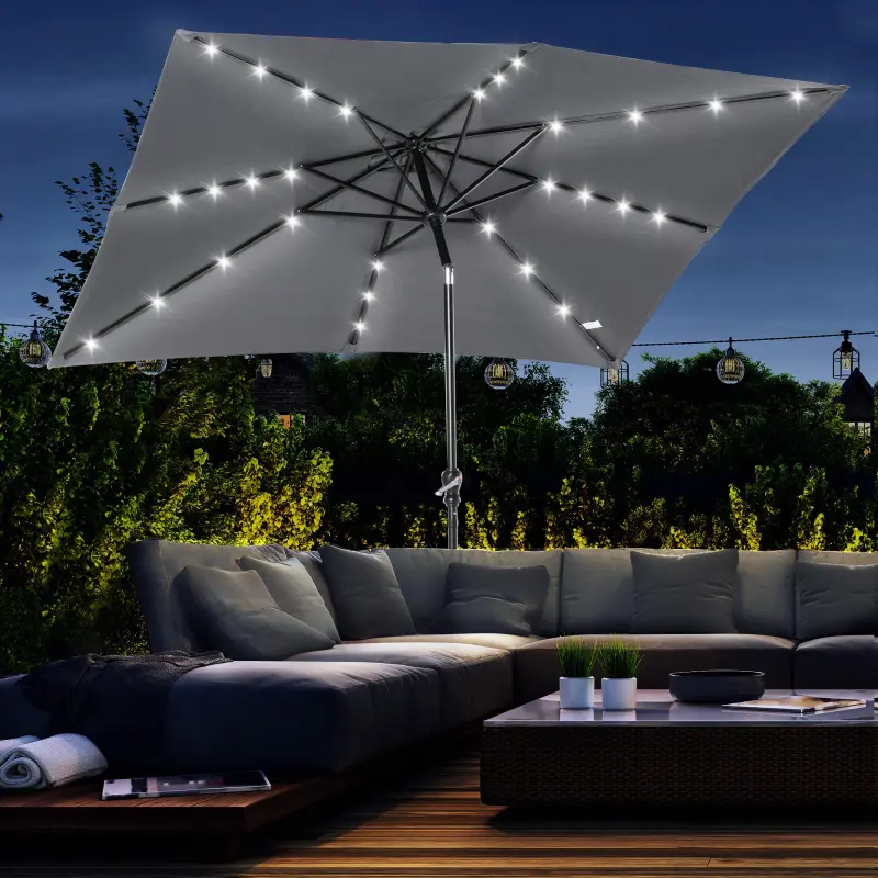 9' x 7' Solar Umbrella, LED Lighted Patio Umbrella for Table or Base with Tilt & Crank, Outdoor Umbrella for Backyard, Pool, Beach, Gray