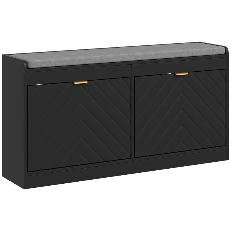 Narrow Storage Bench, Upholstered Entry Way Bench, Shoe Rack Bench with 2 Flip Drawers, 2 Vents for 8 Pairs of Shoes