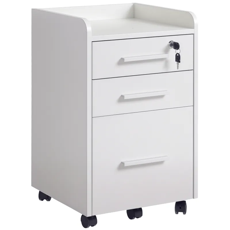 Lockable Filing Cabinet on Wheels, 3 Drawer Mobile File Cabinet with Lock and Edged Top, White