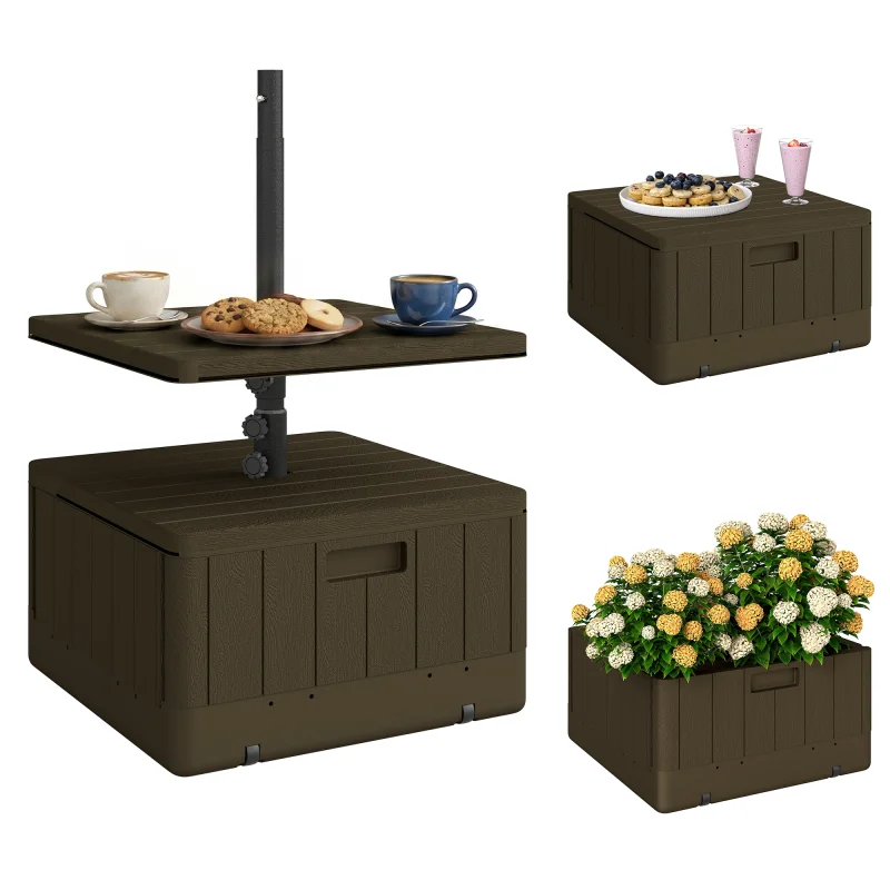 Patio Umbrella Base with Table Tray, Heavy Duty Weighted Umbrella Stand， Wheels Handles, 176lbs，Stand Filling, Brown