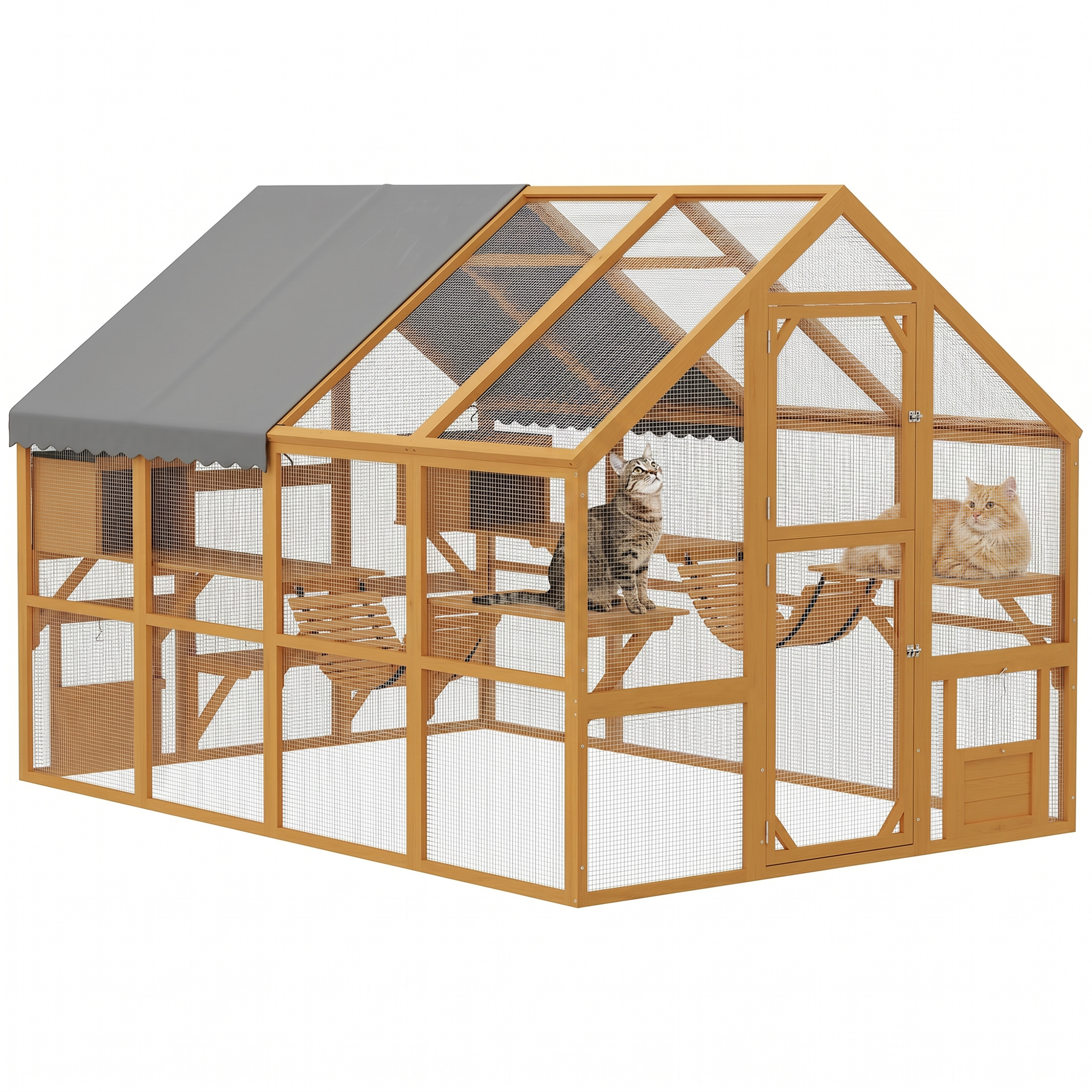 Wooden Catio Outdoor Cat Enclosure, Large Cat House with Waterproof Cover, 2 Condos, 6 Platforms, Bridge, Doors, Yellow