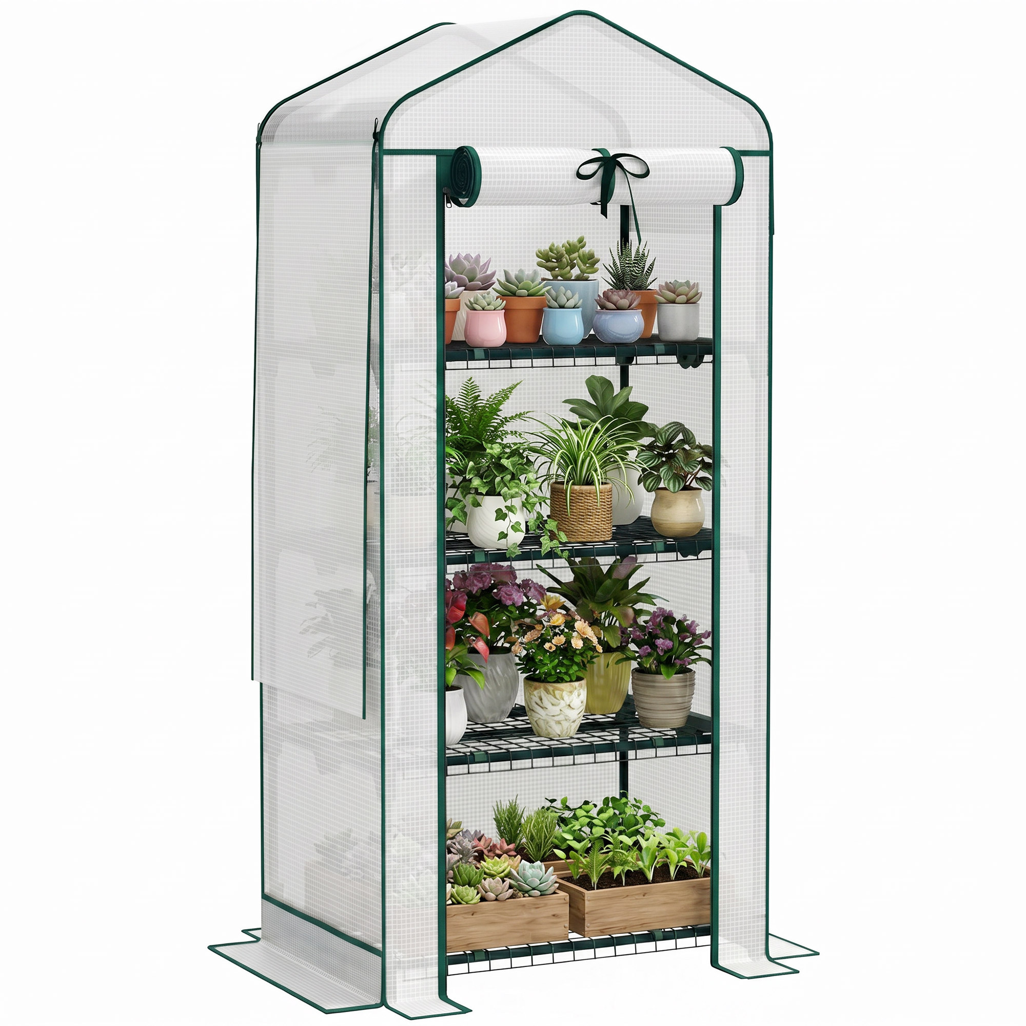 Mini Greenhouse with Screen Roof, 4 Tier Portable Small Greenhouse with High Strength PE Cover, White