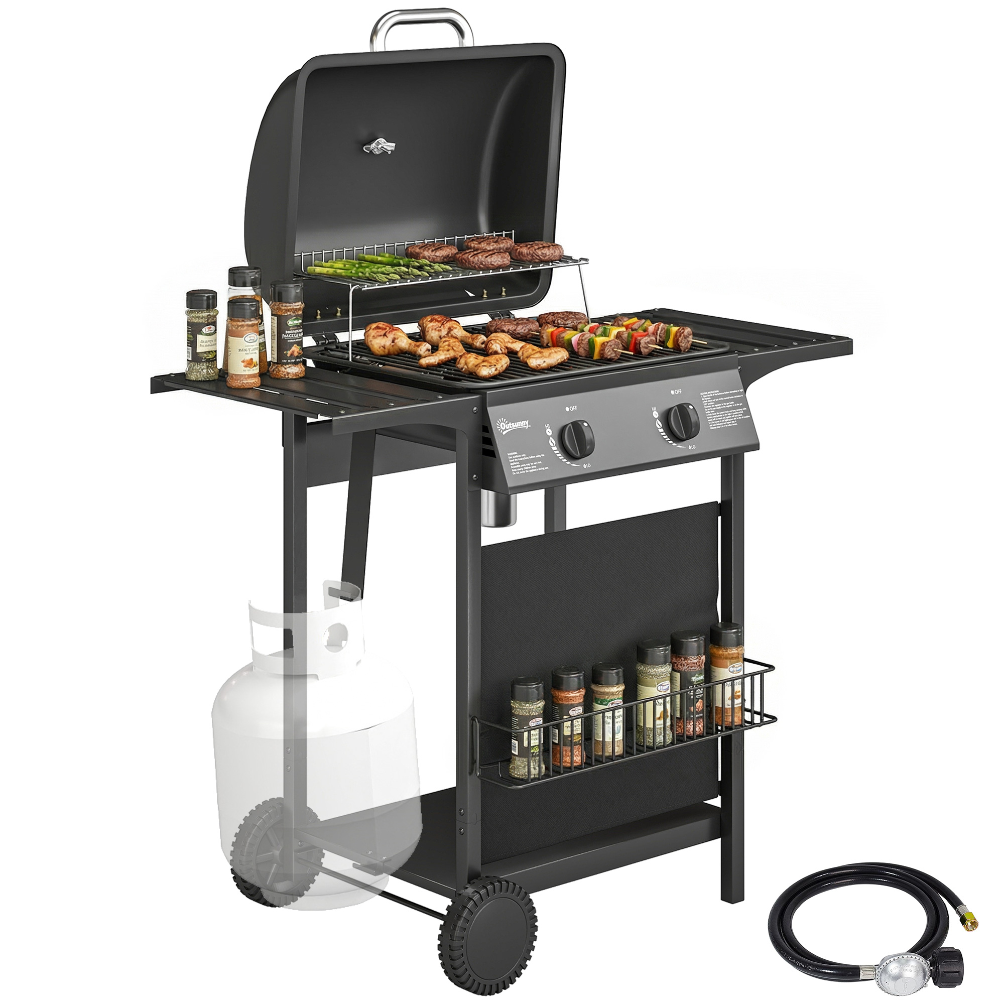2 Burner Propane Gas Grill, 18000 BTU BBQ Grill with Wheels, Warming Rack, Shelf, Thermometer, Grease Cup, Black