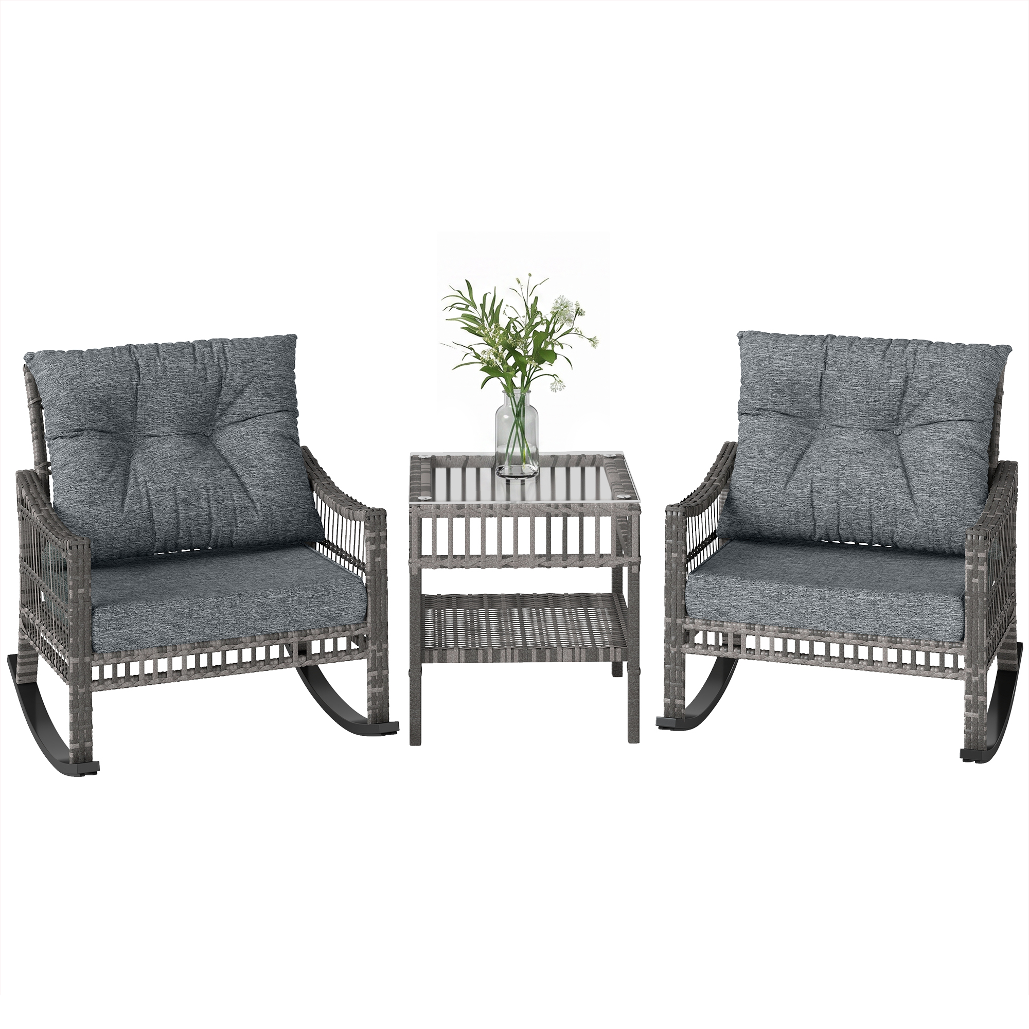 3 Piece Outdoor PE Rattan Rocker Chair Set, Rocking Chair with Tempered Glass Table Top, Gray