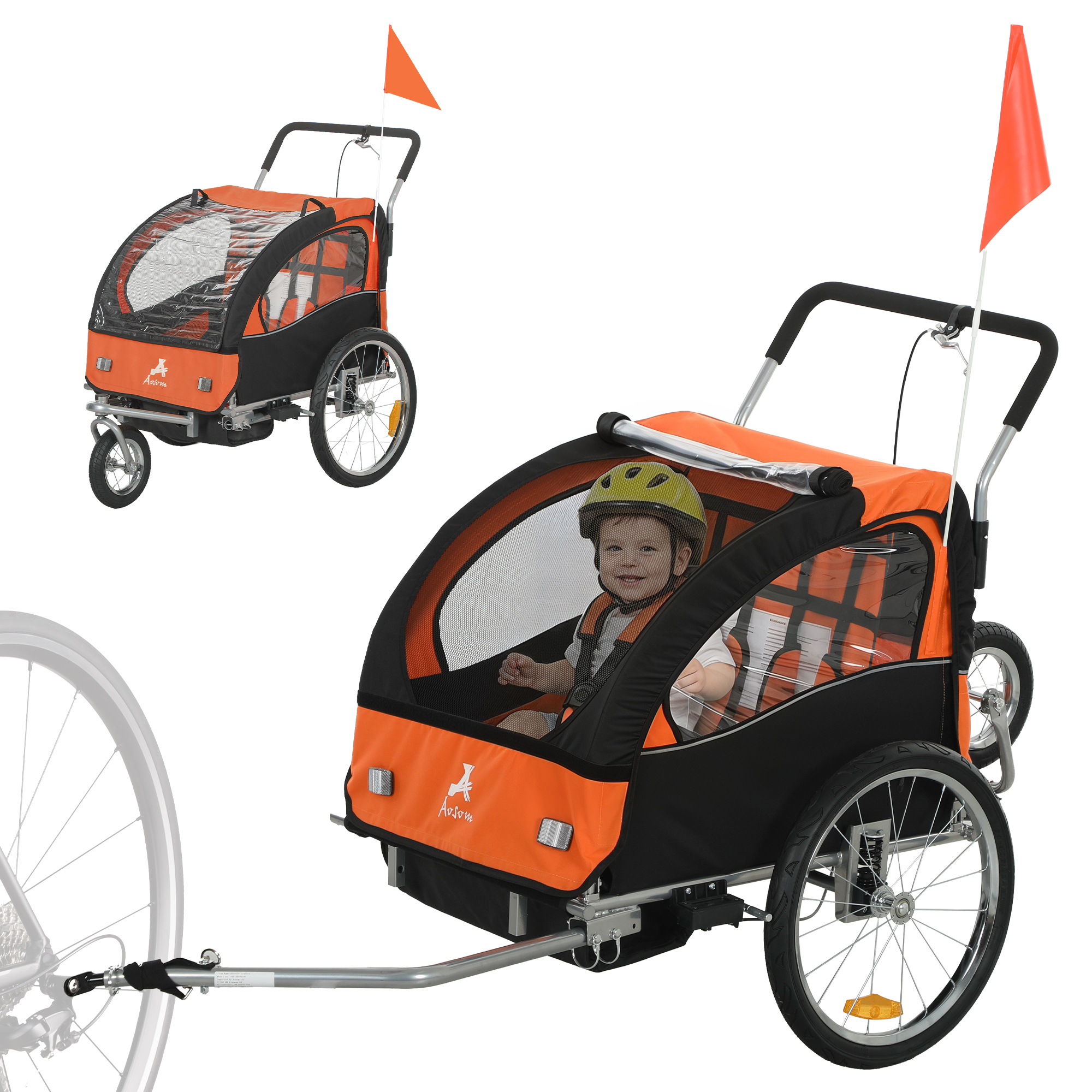 2-Seat Elite 360 Swivel Bike Trailer for Kids Bicycle Cargo Trailer with Water-Resistant Windows, Black and Orange