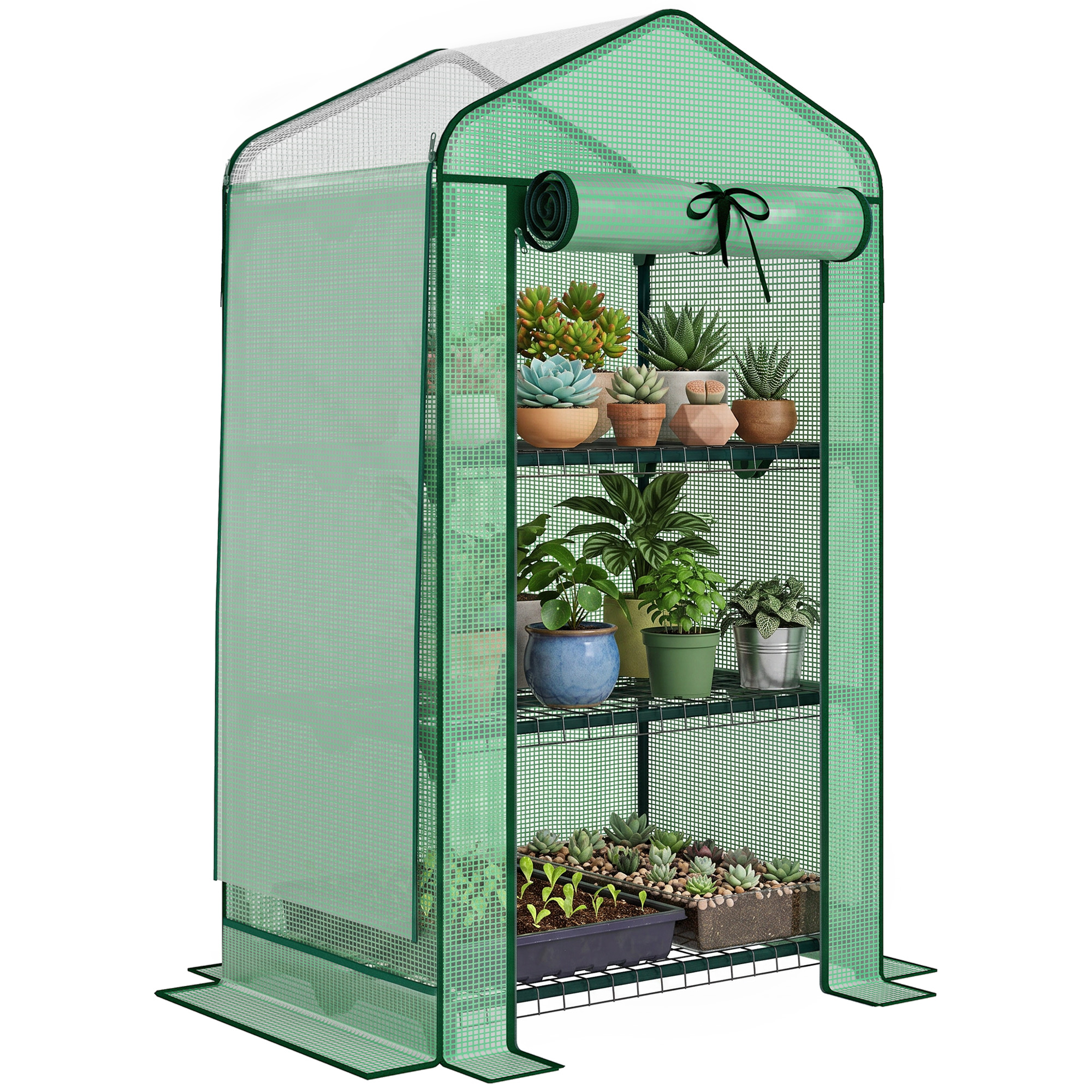 Mini Greenhouse with Screen Roof, Portable Small Greenhouse with Roll-Up Zipper Door, 27.6" x 19.7" x 50", Green