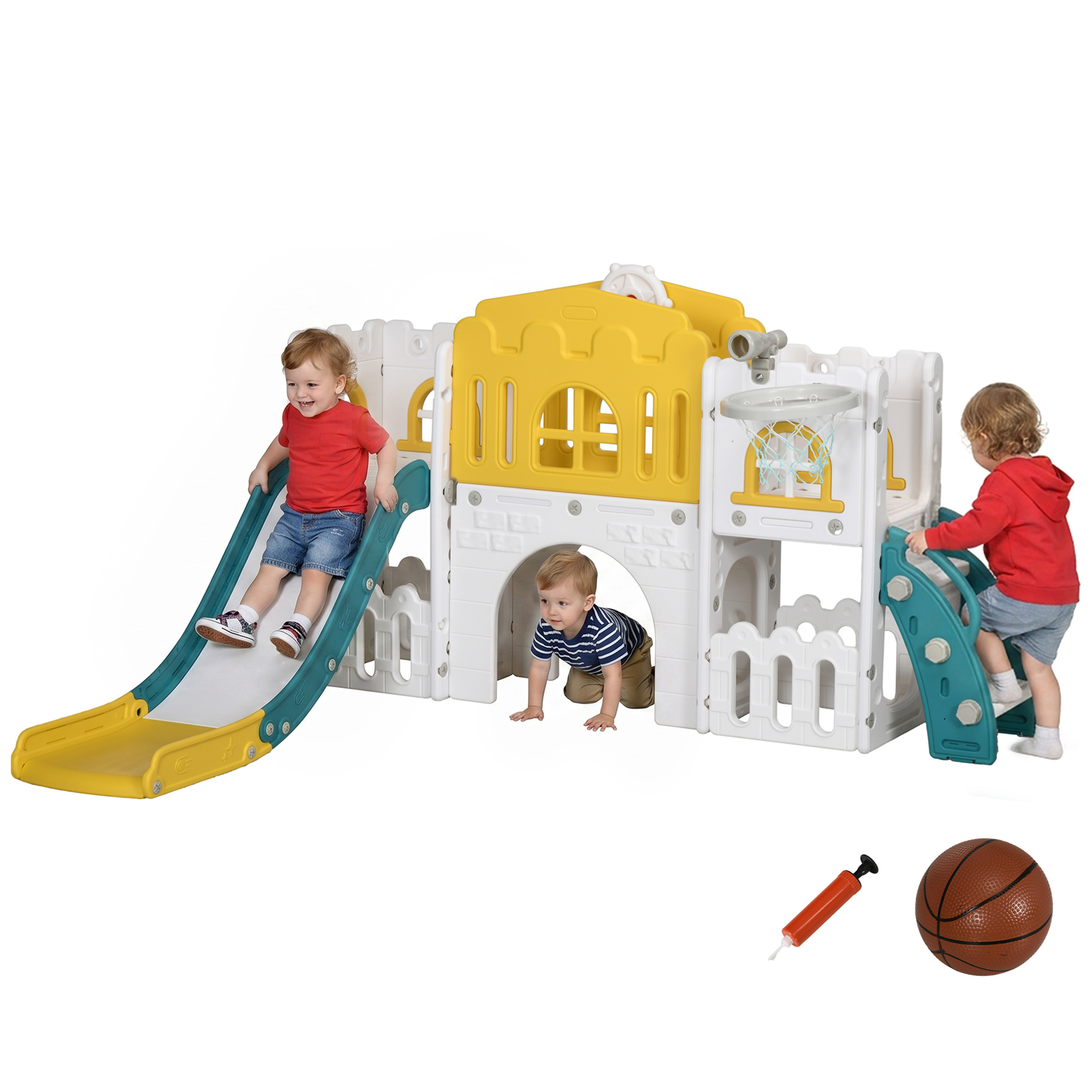 9 in 1 Toddler Slide for Kids Age 1-3 Years with Basketball Hoop, Climber, Telescope, Tunnel, Steering Wheel, Aisle